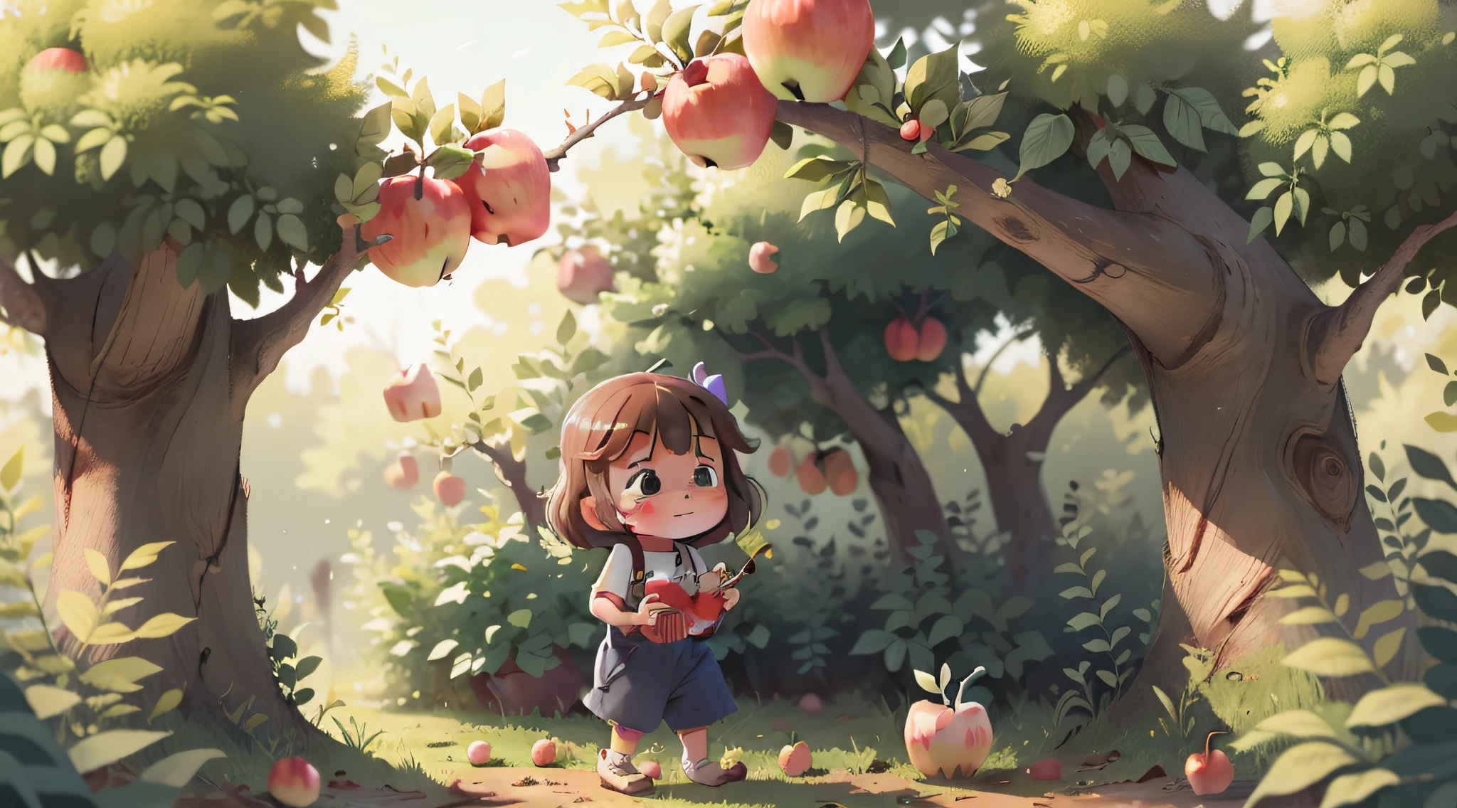Little girl picking apples in apple orchard