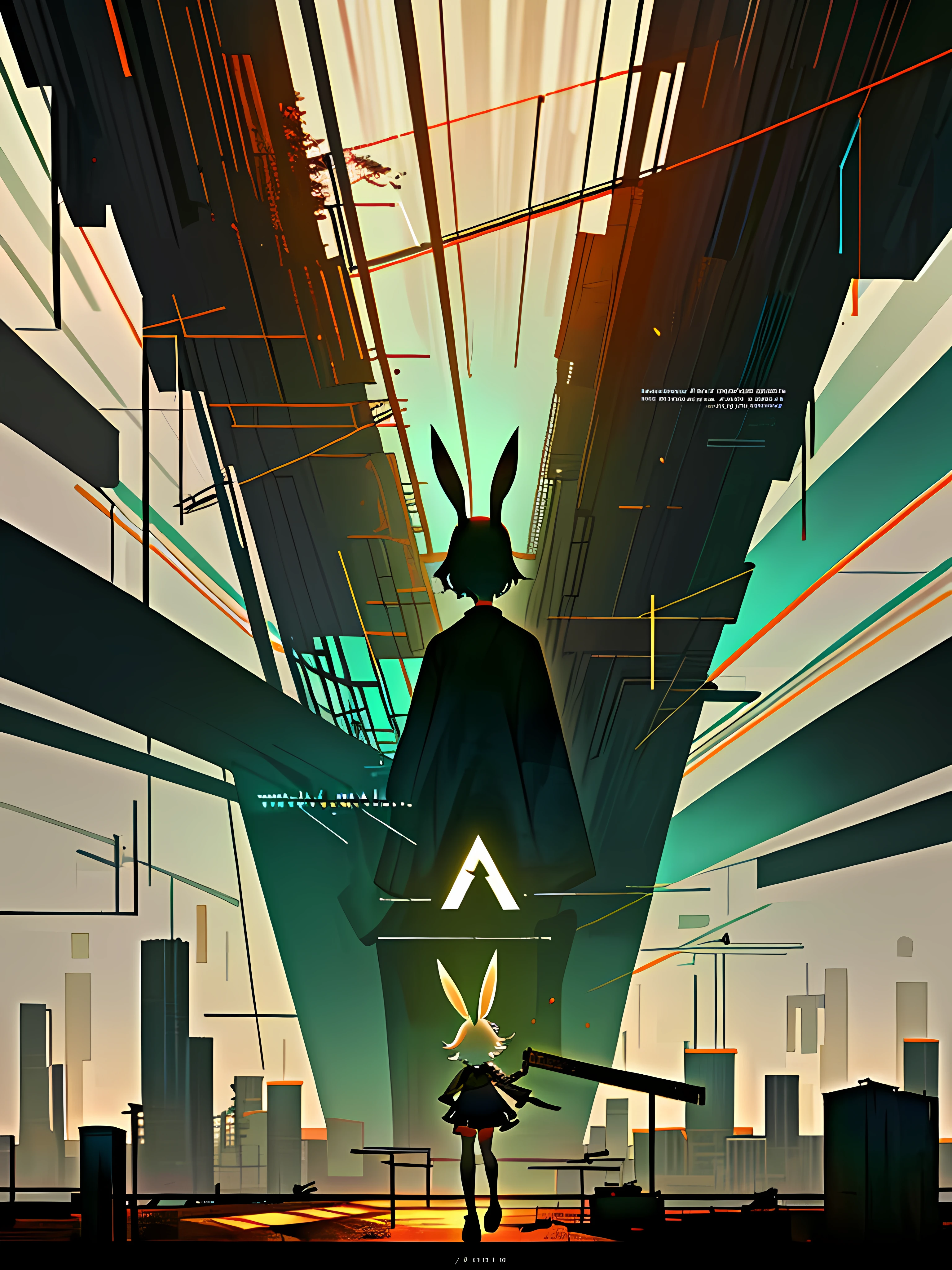 (blame! style abandoned tech landscape), (Zen, Amy Sol style), (underground, dark, foggy, perilous, abandoned dystopian apartment bedroom, deep windows), (abstract anthro rabbit figure wearing bunny ears), cover art with light abstraction, abstract, simple vector art, contemporary Cybernetic art, color gradients, soft color palettes, layered forms, whimsical animation, style Ethereal abstract, 4K, --v6