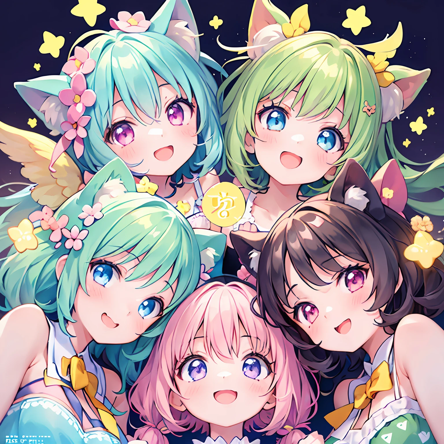 masterpiece, (2girls and 2girls and 2girls and 2girls), idol, closeup, big eyes, kawaiitech, kawaii, cute, pastel colors, best quality, happy, deep background, symmetrical, tilted head, summer, cover, title
