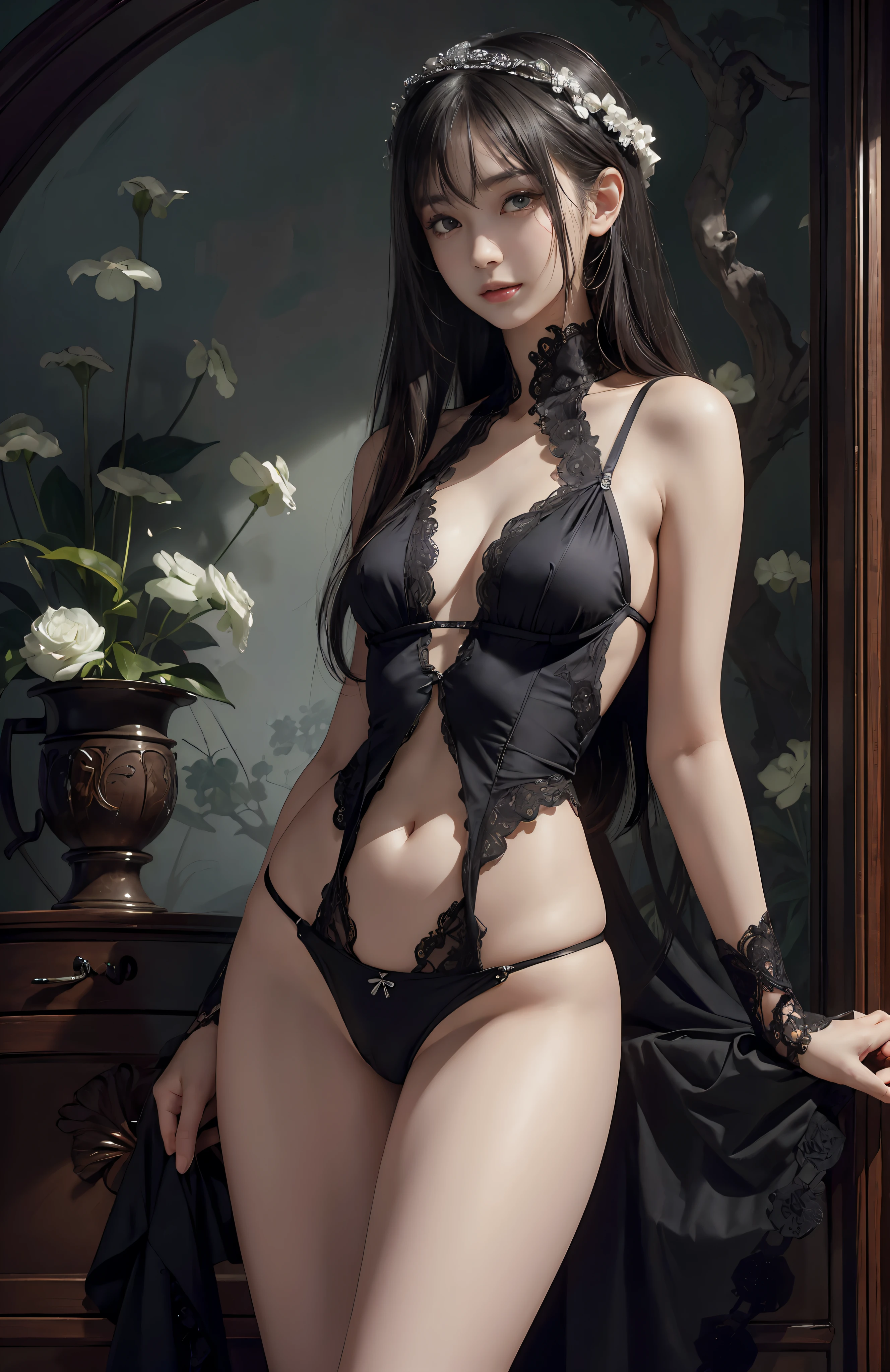 (Ultra Realistic), (Illustration), (High Resolution), (8K), (Very Detailed), (Best Illustration), (Beautiful and Detailed Eyes), (Best Quality), (Ultra Detailed), (Masterpiece), (Wallpaper), (Detailed Face), Solo, One Girl, Viewer's Gaze, Detail, Detail Face, Darkness, Deep Shadow, Low Key, pureerosfaceace_v1, Smile, Small Bust, Transparent Underwear, Mekosuji, Long Legs, Thin waist, buttocks, ultra-fine makeup, ultra-fine clothing material, open legs