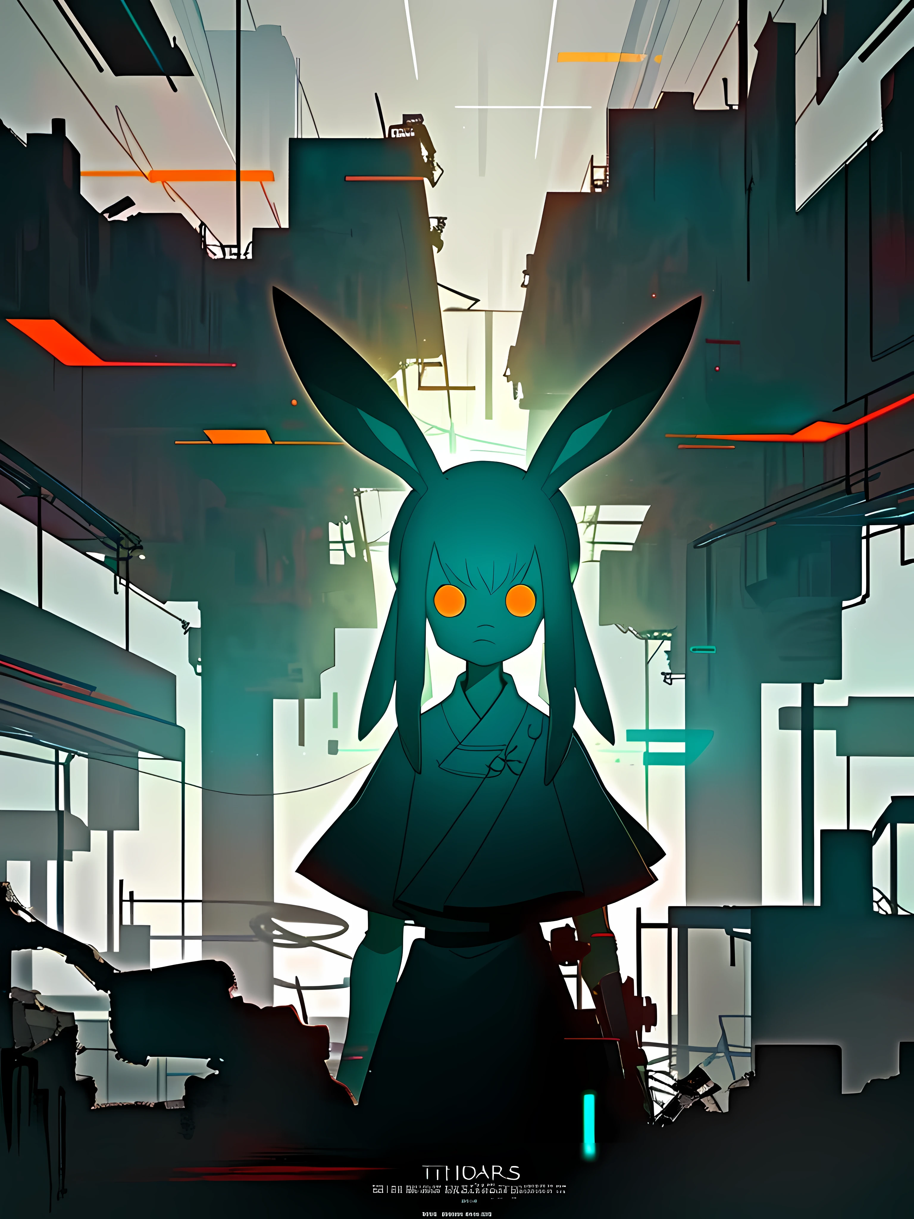 (blame! style abandoned tech landscape), (Zen, Amy Sol style), (underground, dark, foggy, perilous, abandoned dystopian apartment bedroom, deep windows), (abstract anthro rabbit figure wearing bunny ears), cover art with light abstraction, abstract, simple vector art, contemporary Cybernetic art, color gradients, soft color palettes, layered forms, whimsical animation, style Ethereal abstract, 4K, --v6