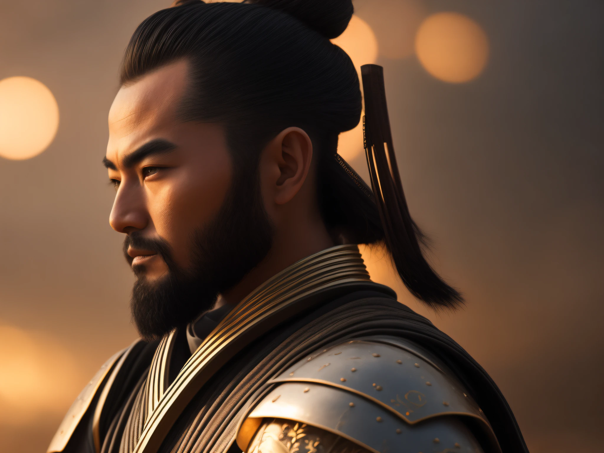 A samurai in profile without wearing his armor helmet, ultra realista, Outdoor lighting from above, cara ultra detallada, ojos detallados, nariz detallada