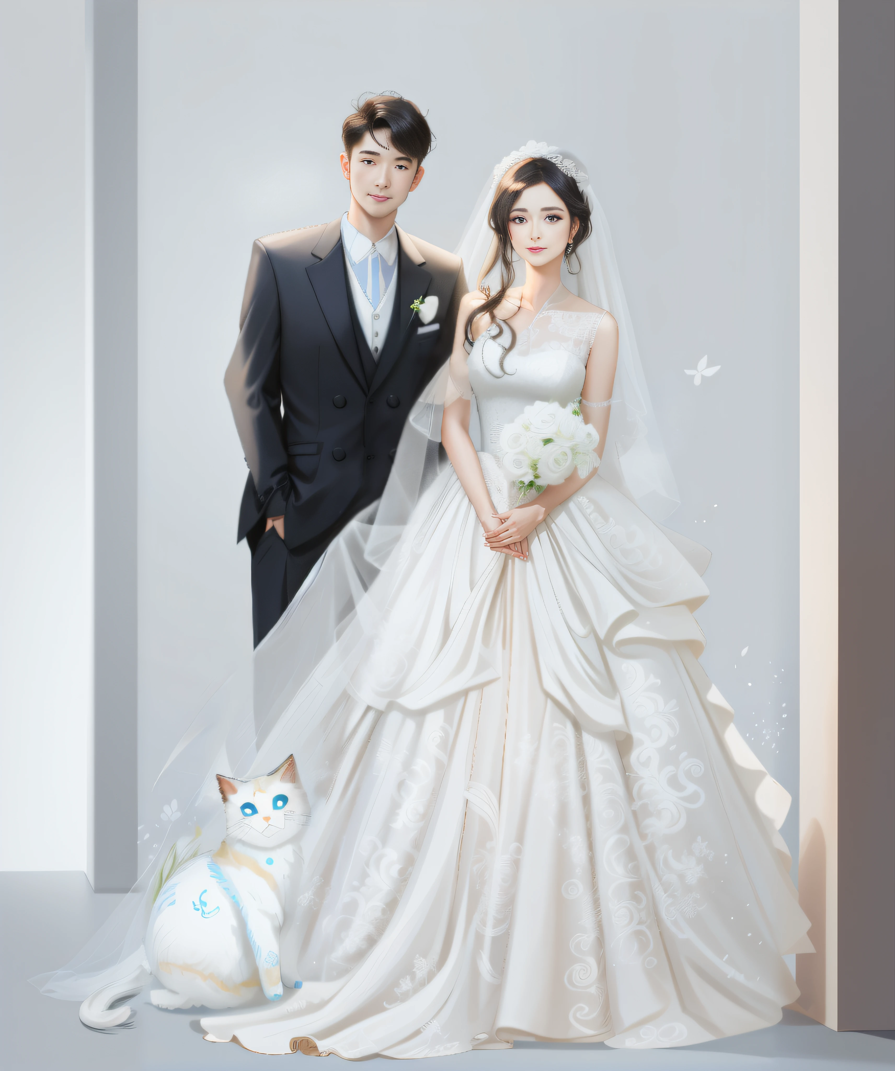 The bride and groom pose for an art-style wedding photo with a cat as the background,Photorealistic fan art,A wedding work for lovers。High-quality fan art in Guvez style,Beautifully detailed depiction,Written by Fan Qi and Yang J,Show the handsome, stunning and realistic realistic style of cartoon-style illustrations。