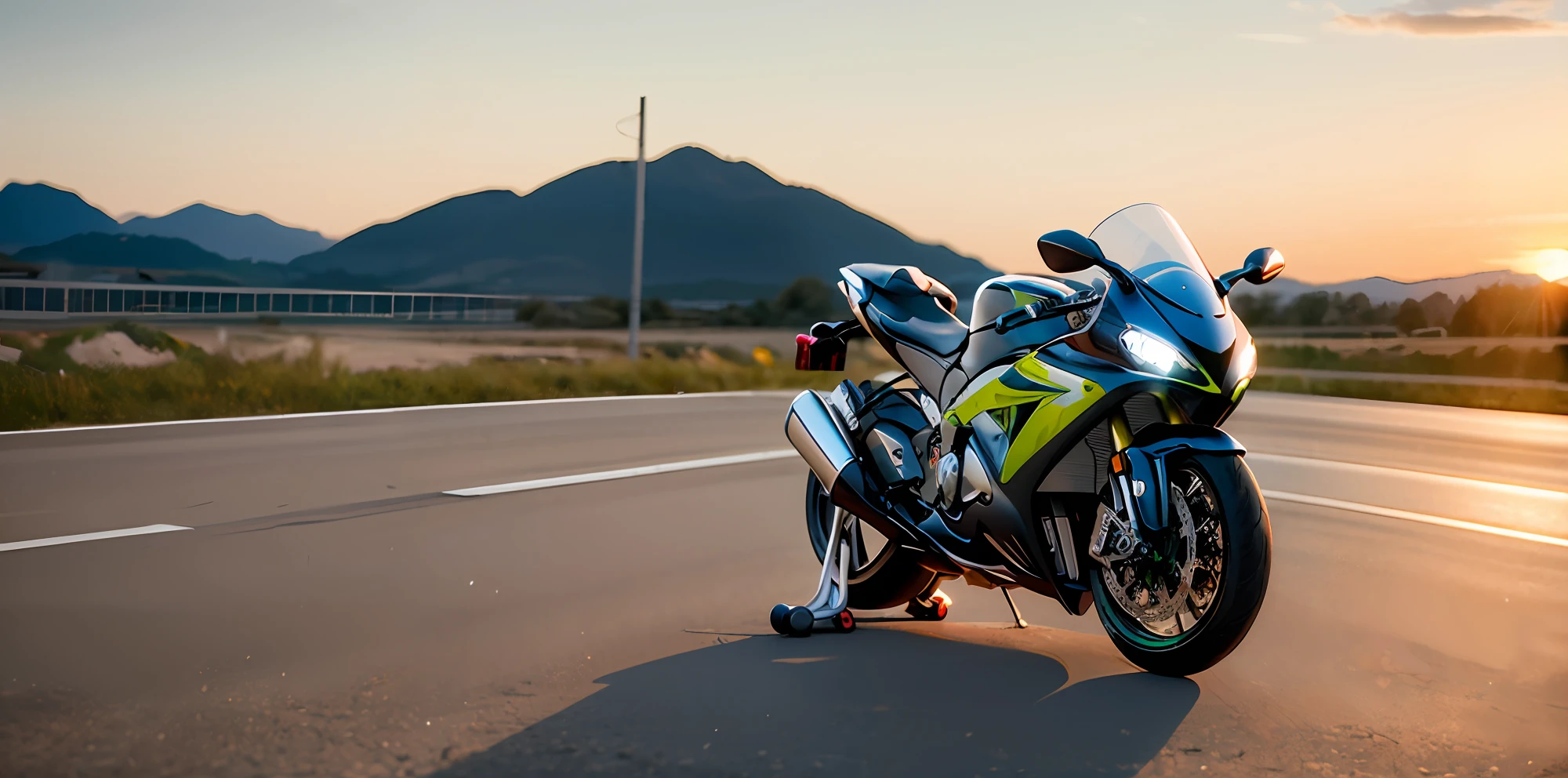 Ninja zx19r bike sunset look in road hyper realistic full hd 8k quality sharp