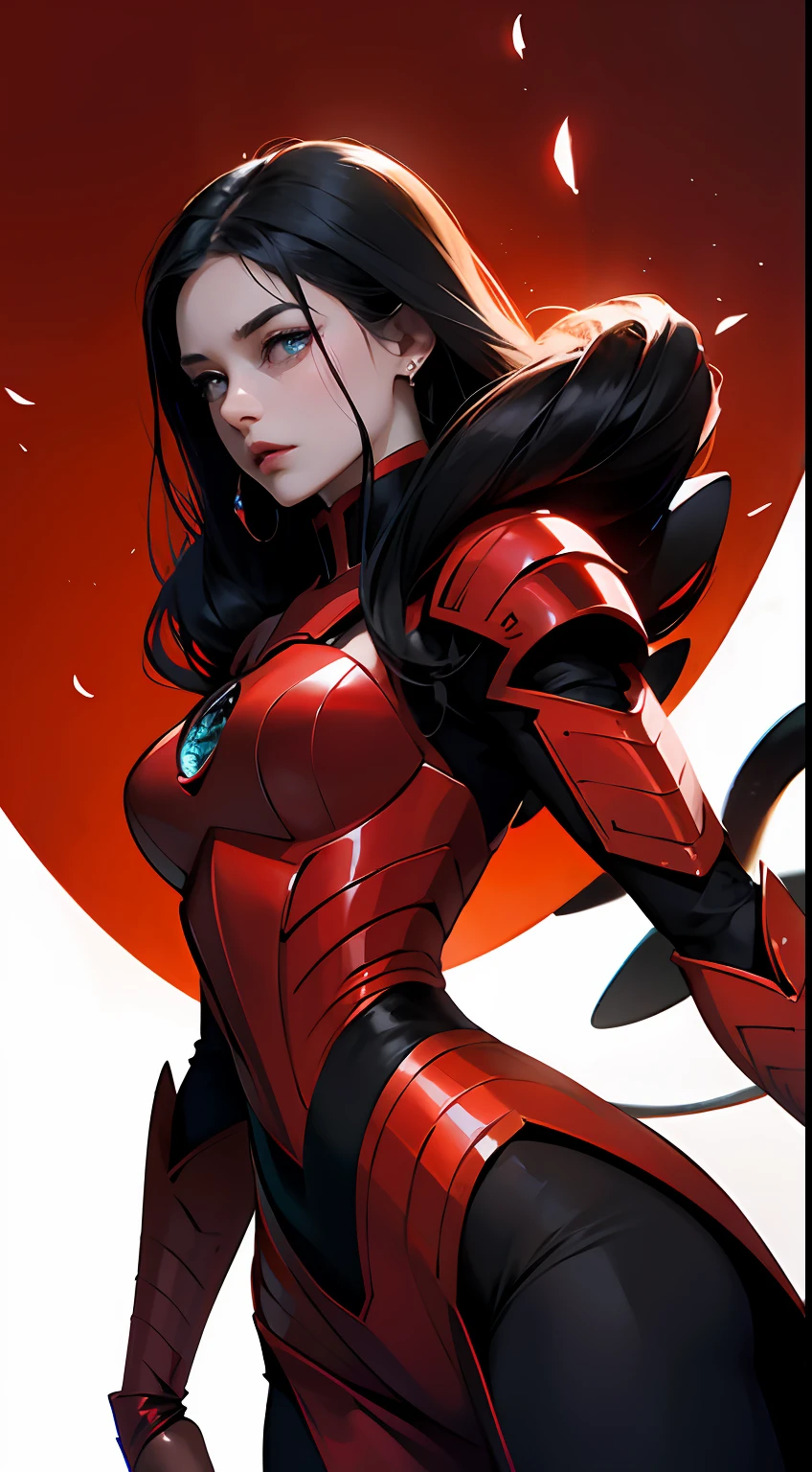 Cartoon photo of woman in black and red costume、Hot insect humanoid female、Guyver Style、SFW version、Scarabeleploid、tail、Cel Shade Adult Animation、Alien Queen、Core Crystal、