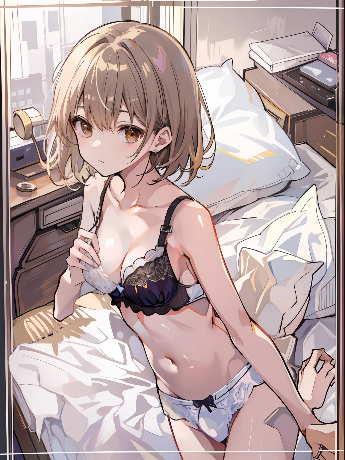 Gentle expression、Short hair. Pale brown hair and brown eyes.in one's underwear only、White bra、White panties. Put your hands on your chest.. High image quality. Photo Quality. High Definition. of the highest quality.、Quiet face、Balance Diagram、a 14 year old girl、Reddened cheeks、a bed、Bedroom、lying back on、Open your crotch、Focus on the lower back、Show off thin breasts、