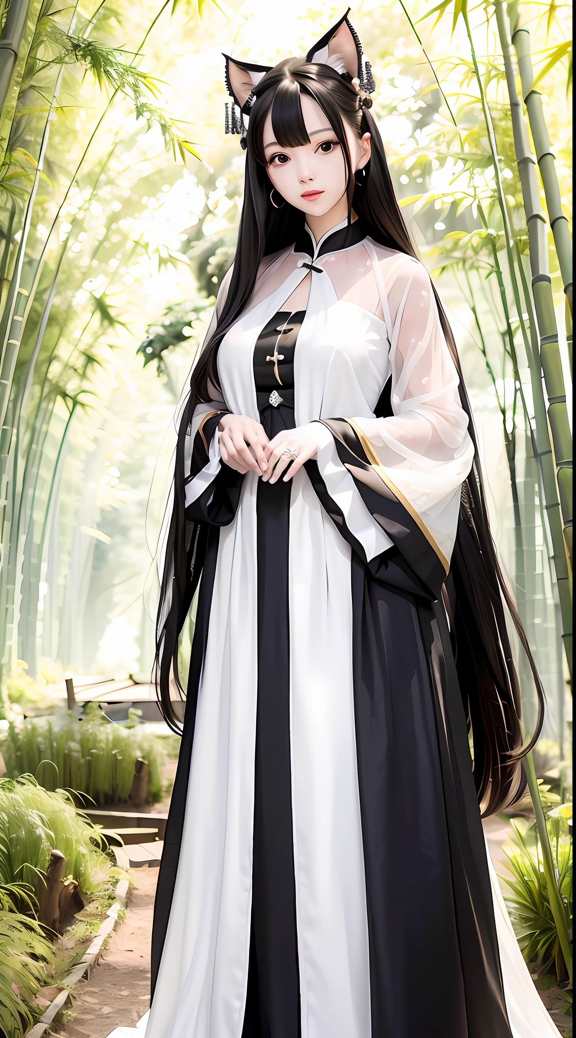 tmasterpiece,best qualtiy,offcial art,8k wallpaper,hyper realisitc,The is very detailed,illustratio,Plain white long dress,1个Giant Breast Girl,Black hair,long whitr hair,Detailed eyes,A piece of tulle covers the chest,long skirt,Hanfu,Pure,softl smile,A dense bamboo forest