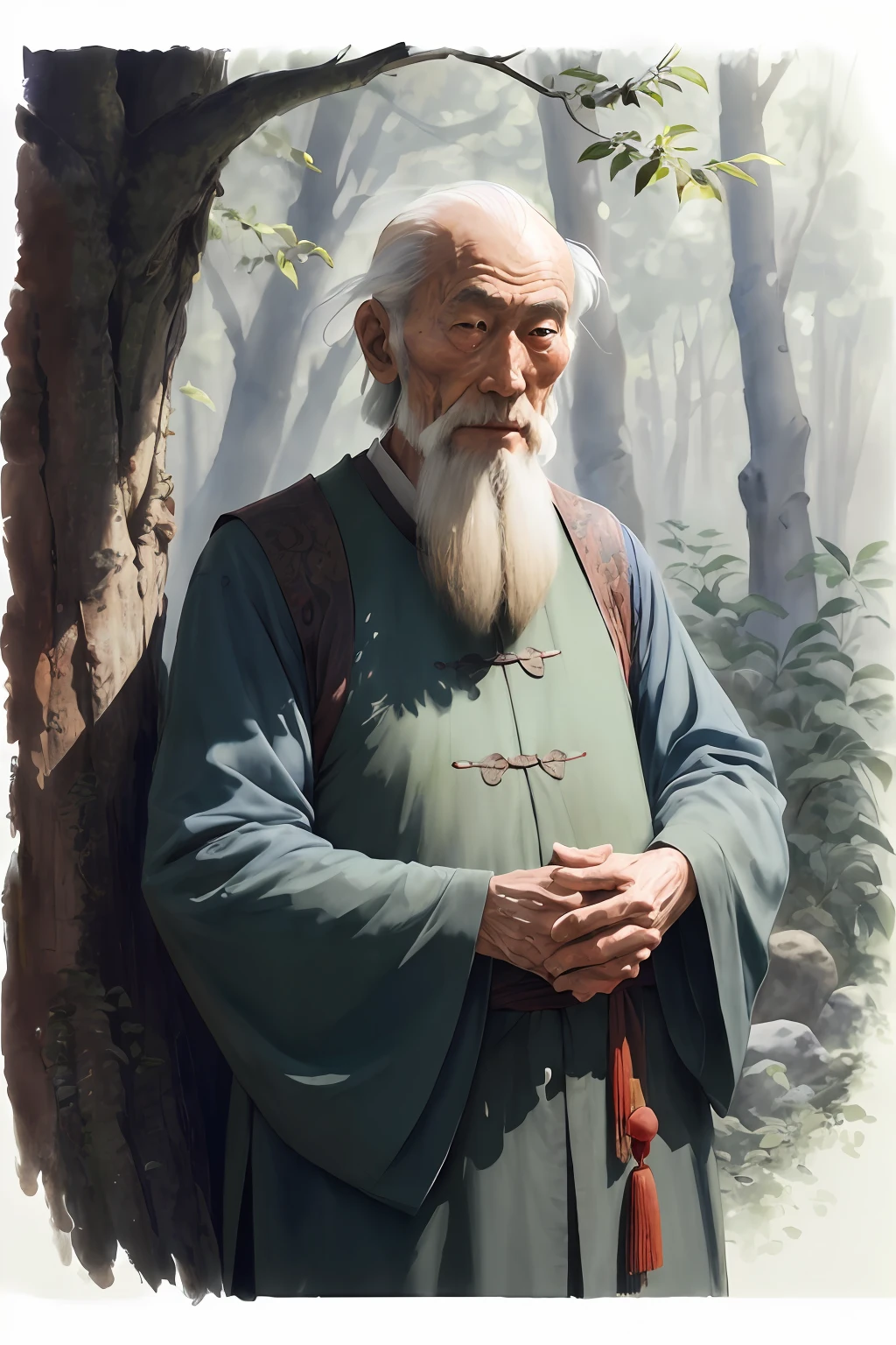 An elderly Chinese sage, com uma longa barba, cabelos longos, vestido com roupas de monge, olhando diretamente para frente, Soft morning sunlight filtering through tall trees, conveying an atmosphere of peace and contemplation, bela pintura com rosto altamente detalhado, Illustration, watercolor on paper, --ar 9:16 --v 5.