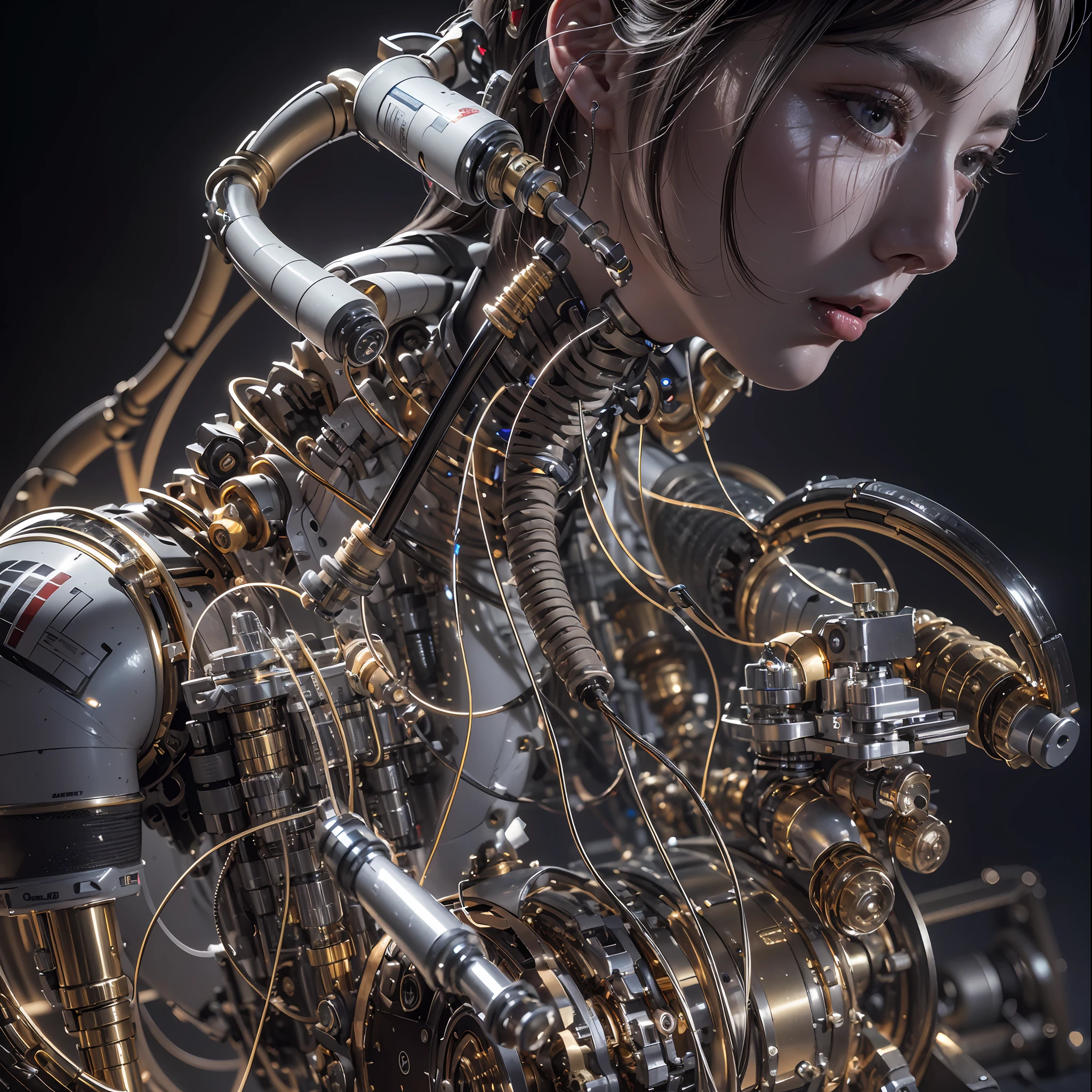 best qualtiy, tmasterpiece, Ultra-high resolution, Rendered with camera-like realism, real photograph,(((( A mechanical girl)))),((Solo)),((Perfect facial features,delicated face)),((Clean face)),((There is nothing else on the face)), highly realistically detailed, Panoramic lighting effects, Fine and accurate shading representation, rendering by octane, 8K分辨率, Reveal vivid skin details, Representation of metallic materials, Depicting vacuum tubes、Liquid tubes、oil pressure gauges、glass tubes、Simulate details such as meters, Highlight the details and movement of gears, The performance of gold hydraulic cylinders, realism light effect, Face the audience's gaze, Depict neon details in detail, Mechanized body parts, The blood vessels connected to the catheter, The mechanized spine is attached to the back, Mechanical attachment attached to the neck, Present a sitting position,Depict the wires and cables connected to the head,