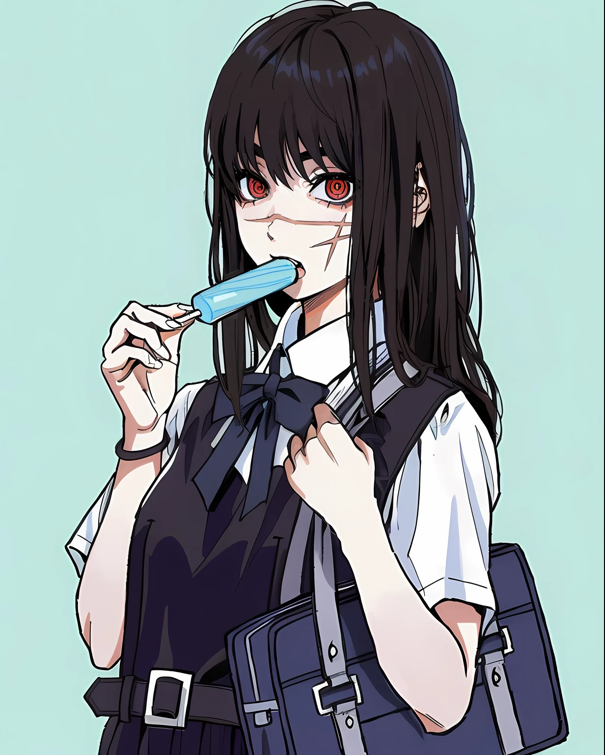 anime girl with a blue object in her mouth, anime visual of a cute girl, anime moe artstyle, beautiful anime high school girl, with a straw, a hyperrealistic schoolgirl, realistic schoolgirl, kantai collection style, gapmoe yandere, in an anime style, yandere, hyperrealistic schoolgirl, clean detailed anime art, anime aesthetic (((black ringed eyes)))