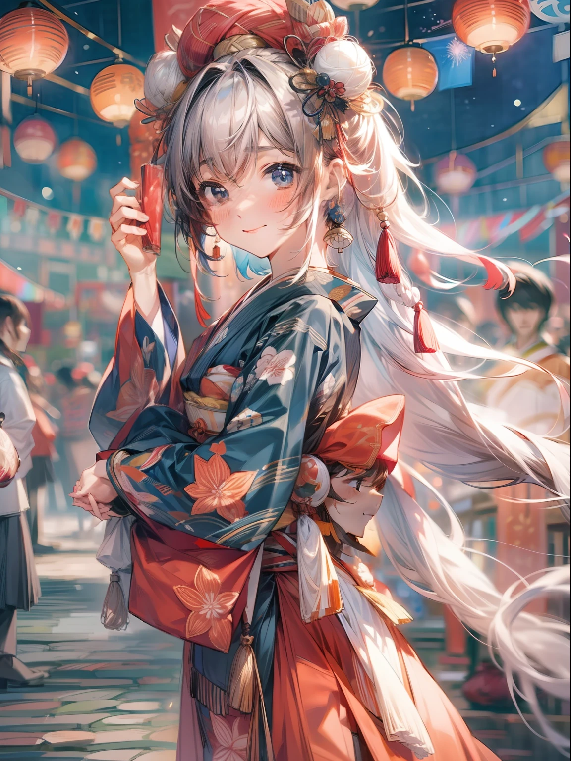 Got it。Last「This illustration is~」Delete the part that says and summarize it again。
theme:Night festival
8K、Illustration of the night festival drawn in ultra-high definition detail。The subject is1Young woman in beautiful kimono of man。Hair should be long and hung on one side、It has a small ornament like bun hair.。She stands in a graceful pose、In the hand hold fireworks。
In the background, a vast festival venue spreads out、Food stalls and illuminations shine brightly、Fireworks light up the night sky。a person々roams around lively、It is filled with a festive atmosphere。
The pose is elegant and、Holding fireworks in both hands。The left arm is pulled back.、The right arm is in a posture that seems to be pulled forward。
The costume is a beautiful kimono、The pattern is gorgeous and symbolizes the festive atmosphere.。Small ornaments and obi knots are also finely designed.。
His expression is calm and elegant.、It expresses a feeling of happiness。
The composition is centered on the subject.、The venue of the spreading festival is depicted in the background。
The lighting is illuminated by the lights of the festival at night.、It creates a fantastic atmosphere。
The colors are vivid、The liveliness and glamour of the festival is expressed。
Effects include fireworks particles and shining stars、It highlights the festive atmosphere of the festival。
The background effect is a festival stall and illuminations.、The liveliness of the festival is emphasized。
