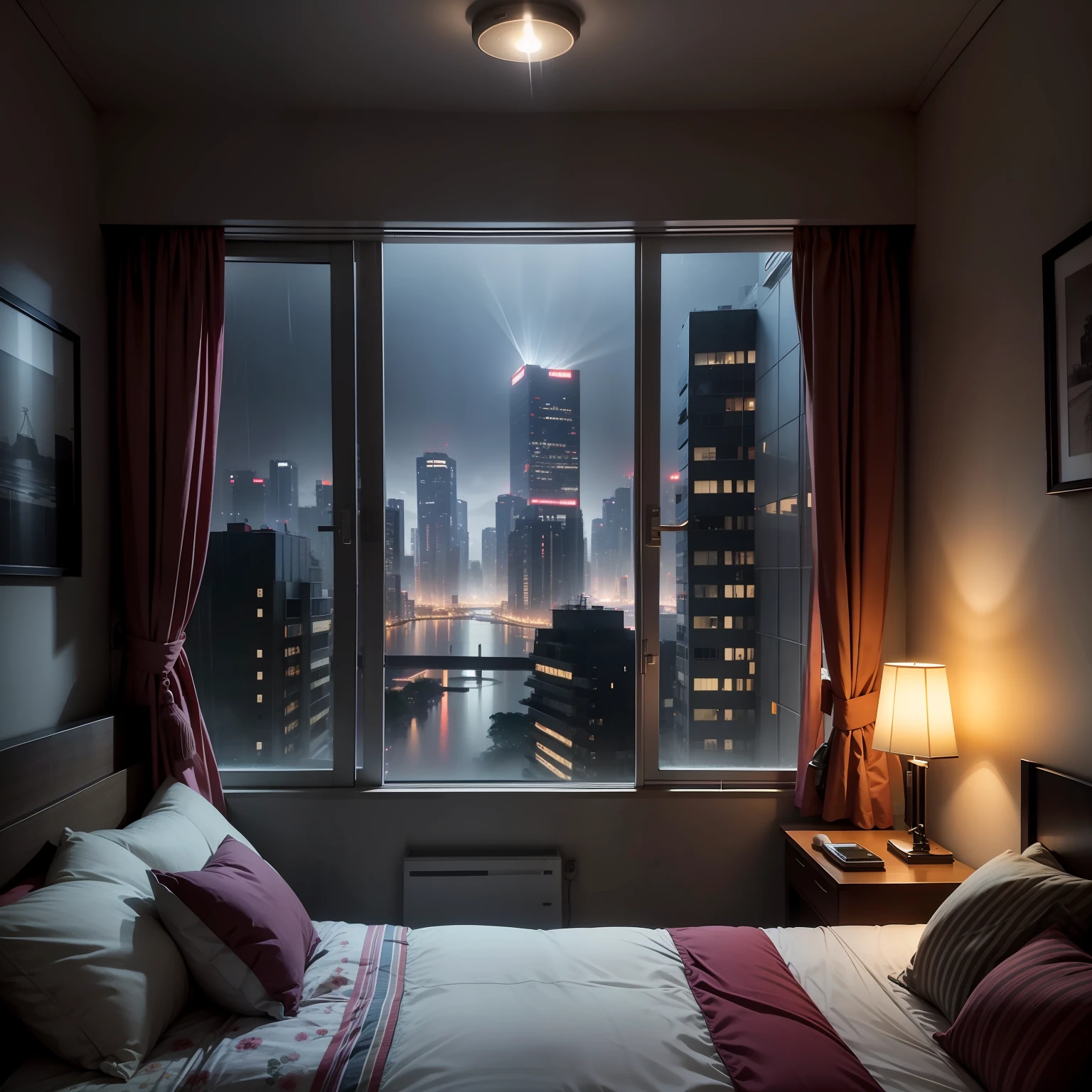 城市,High-rise building interior view,rained,the night,lamplight,Warm bedroom,Close to the window,Need