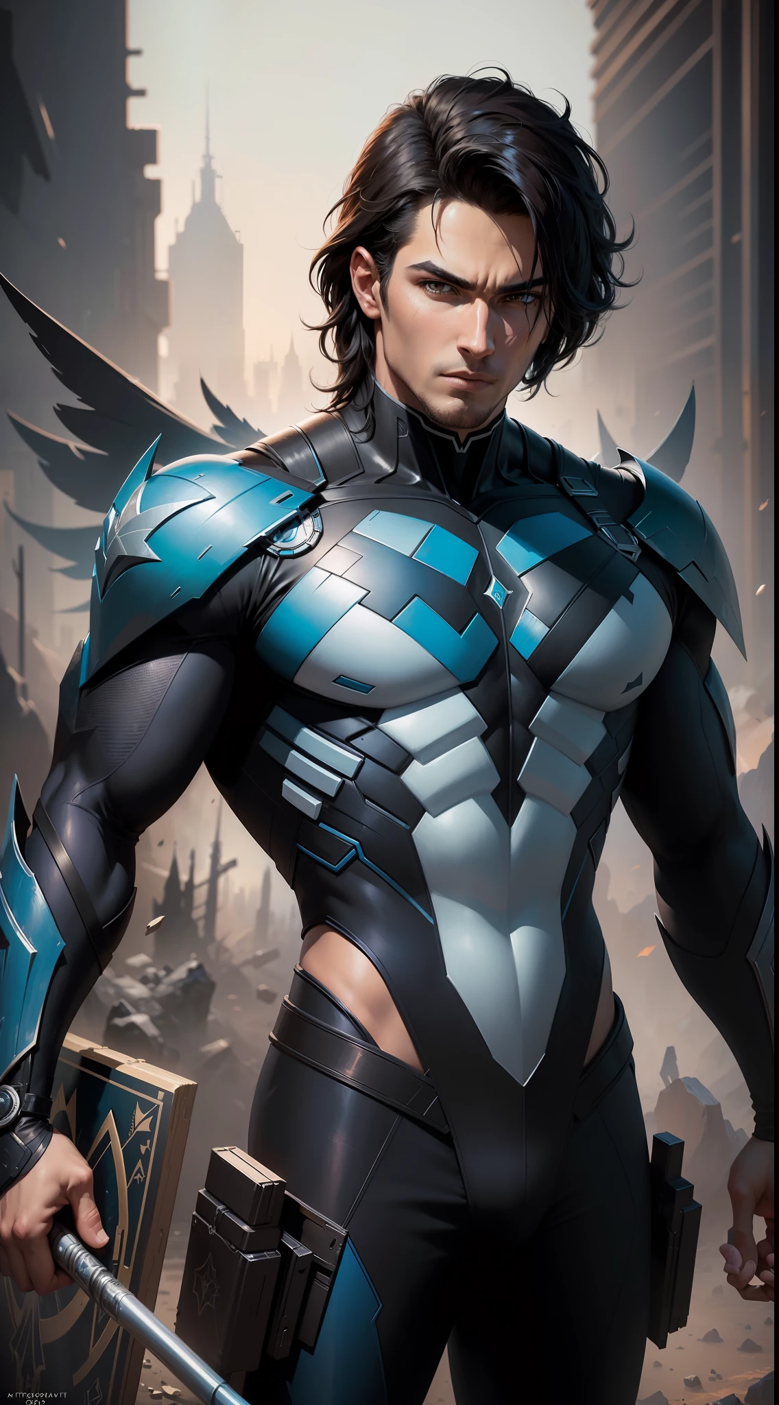 (Best Quality),(Masterpiece),(Ultra Detailed),(4k resolution),(Extremely detailed),Abstract expressionist painting "Hyperion", Nightwing, tarot card, Trending on ArtStation, Digital Painting, character concept art portrait, Scary