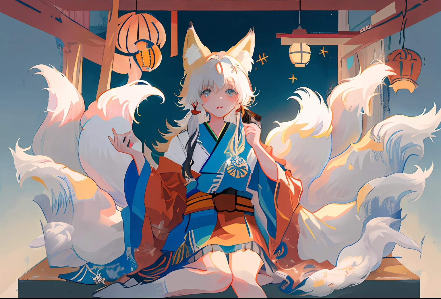 Unity 8k壁纸, ultra - detailed, tmasterpiece,best qualityer,illustration,at winter season,classical, 1girll,((hairy pubic)),teens girl,((hesitate)),((messy hair)),((((fox ear,fox tails))),((White color hair))),bare shoulders,The mouth is slightly open,Kimono skirt,Saggy clothes,duck sitting,