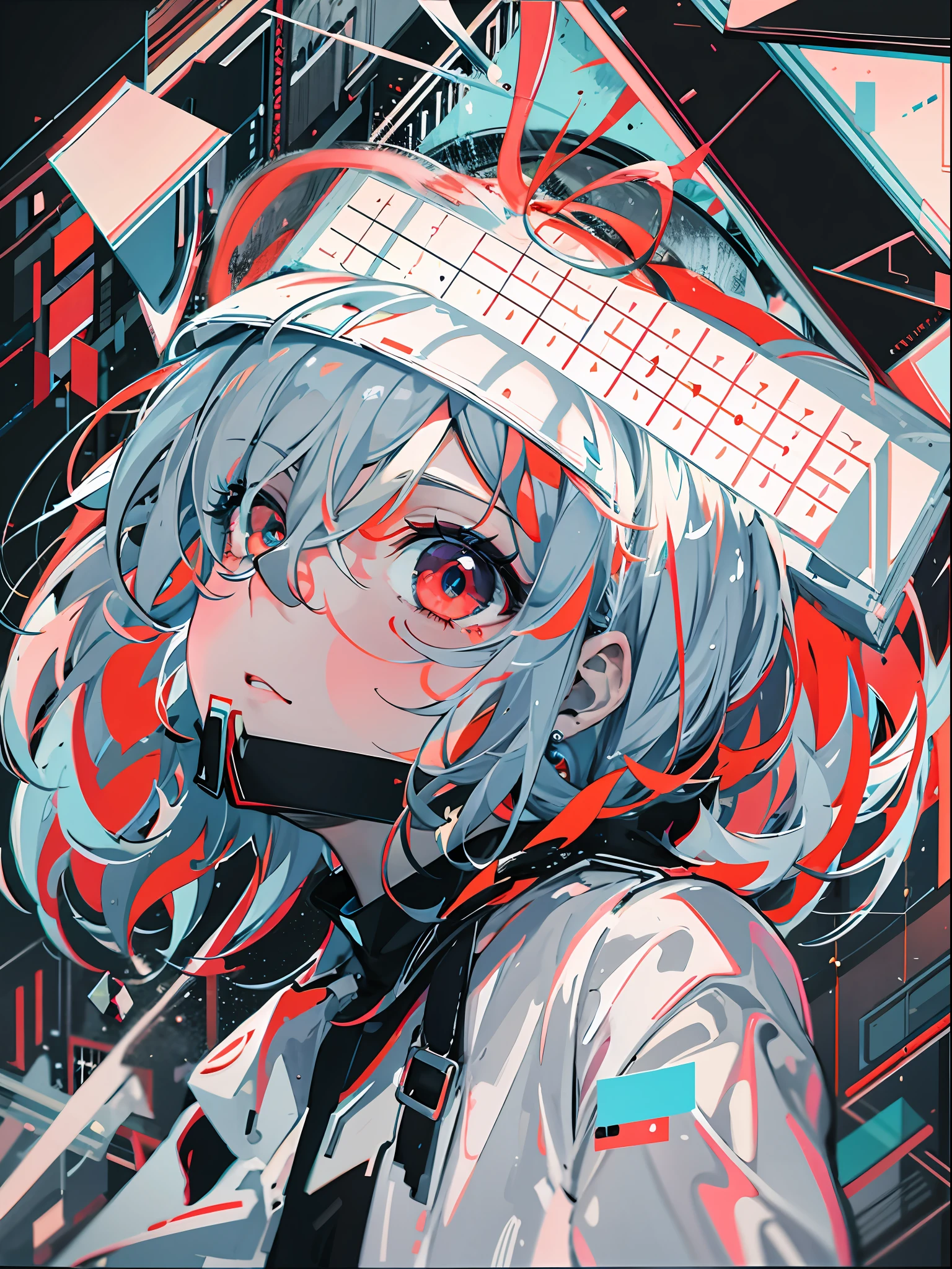 {{cute anime face}}, (best quality), (ultra-detailed) , (best illustration), (extremely delicate and beautiful},{album cover}, album, album description, {error}, {{glitch lump}on face},(glitch art:1.5), {Pixilation on face},Double exposure, {Chromatic Aberration}, Light leaks, Noise and grain, Color degradation, Glitch lettering,design,1 girl, art, abstract art, (flat_chest, short red hair, short wavy hair,floating black jacket, white school uniform, white beret,bowknot over white beret , floating black feathers:0.5), geometry, clear lines, squares, bright, limited palette