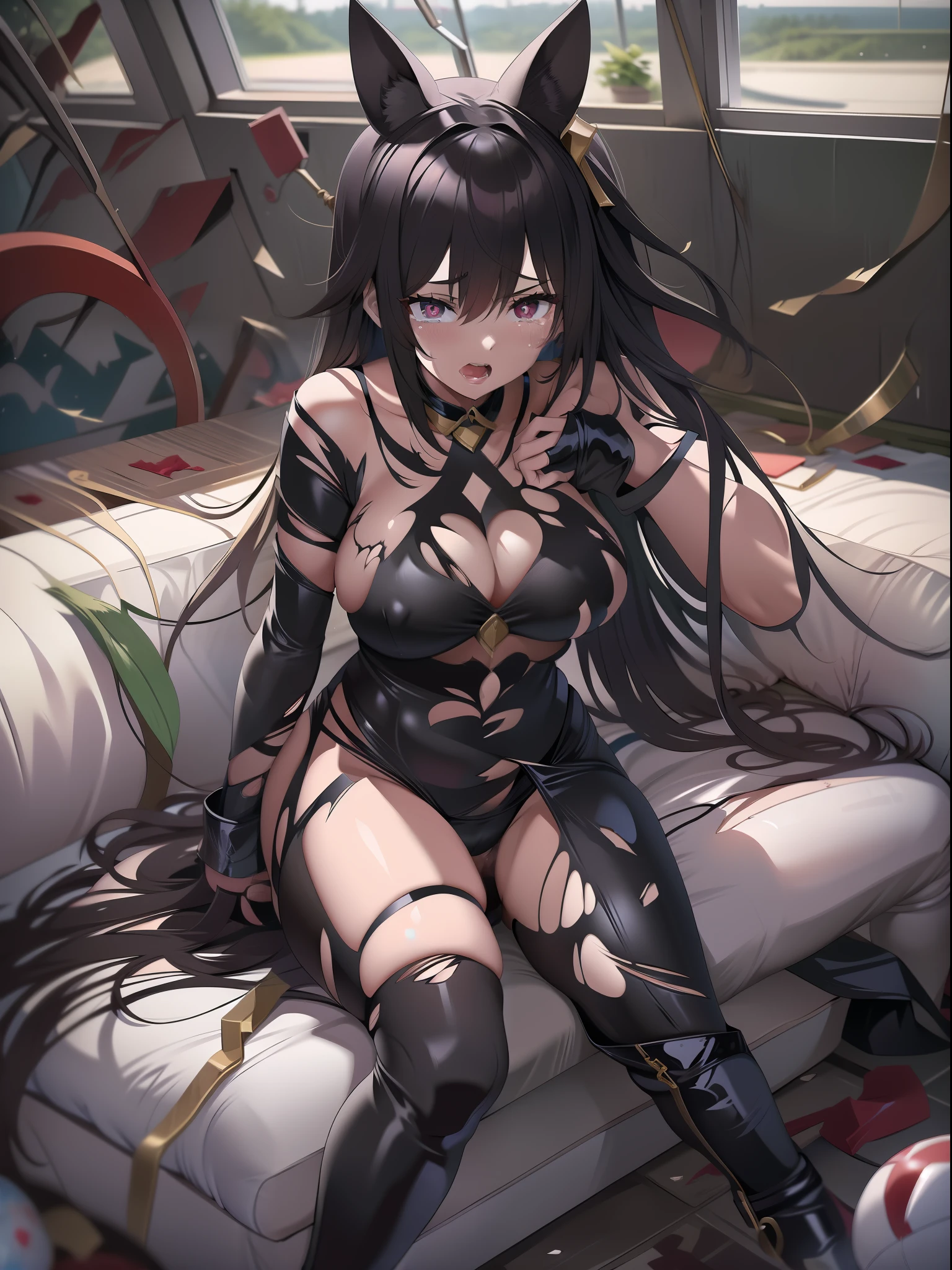 One girl,full bodyesbian, torn cloth, Open legs, hand behind head, Underarms, , Tears, Humiliated, 浴室,Long hair,Heart-shaped pupils, black latex bodysuit, Torn clothes, ripped apart, ball gagged, upper legs,Pathetic,exhibitionism