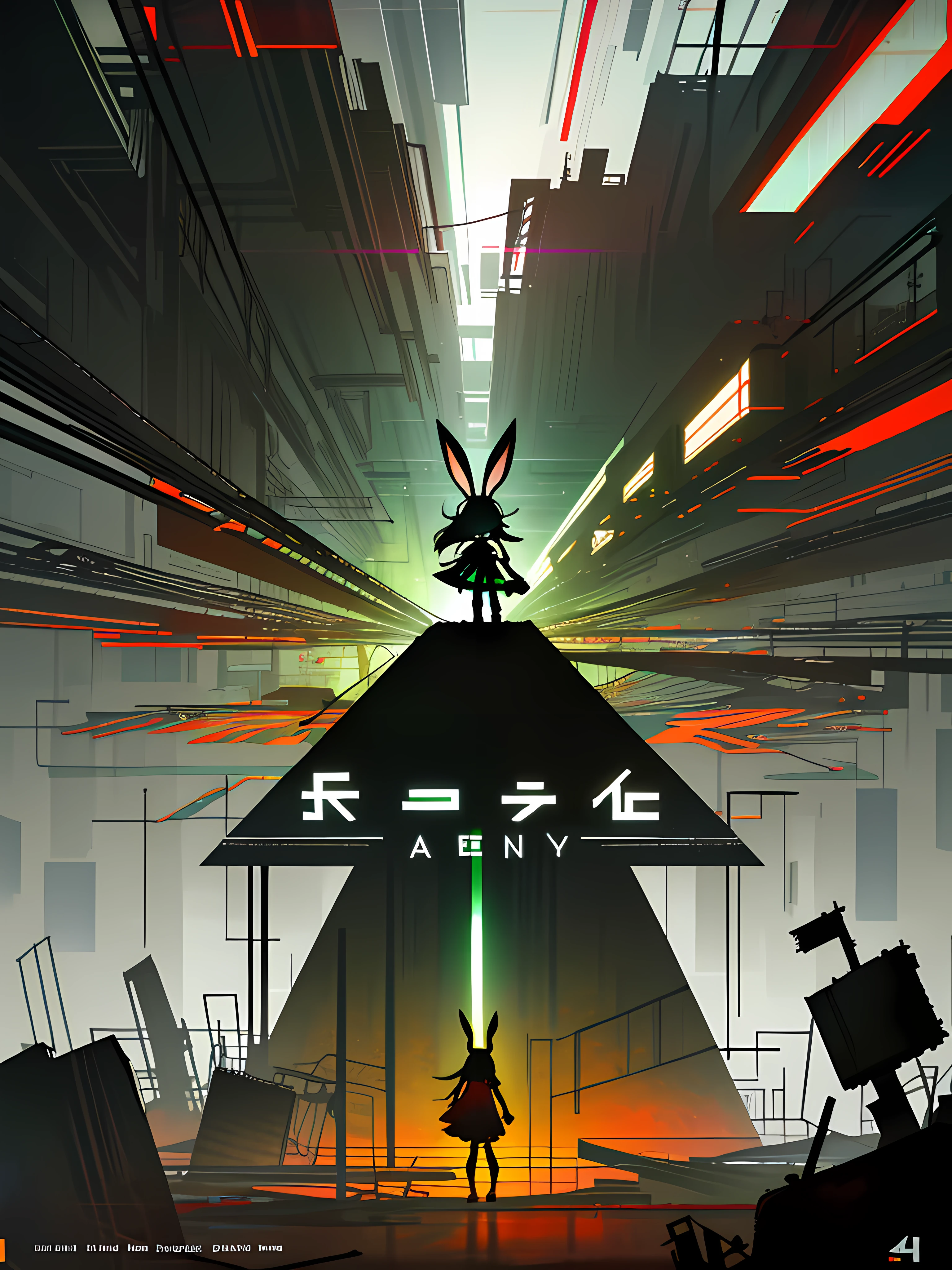 (blame! style abandoned tech landscape), (Zen, Amy Sol style), (underground, dark, foggy, perilous, abandoned dystopian apartment bedroom, deep windows), (abstract anthro rabbit figure wearing bunny ears), cover art with light abstraction, abstract, simple vector art, contemporary Cybernetic art, color gradients, soft color palettes, layered forms, whimsical animation, style Ethereal abstract, 4K, --v6