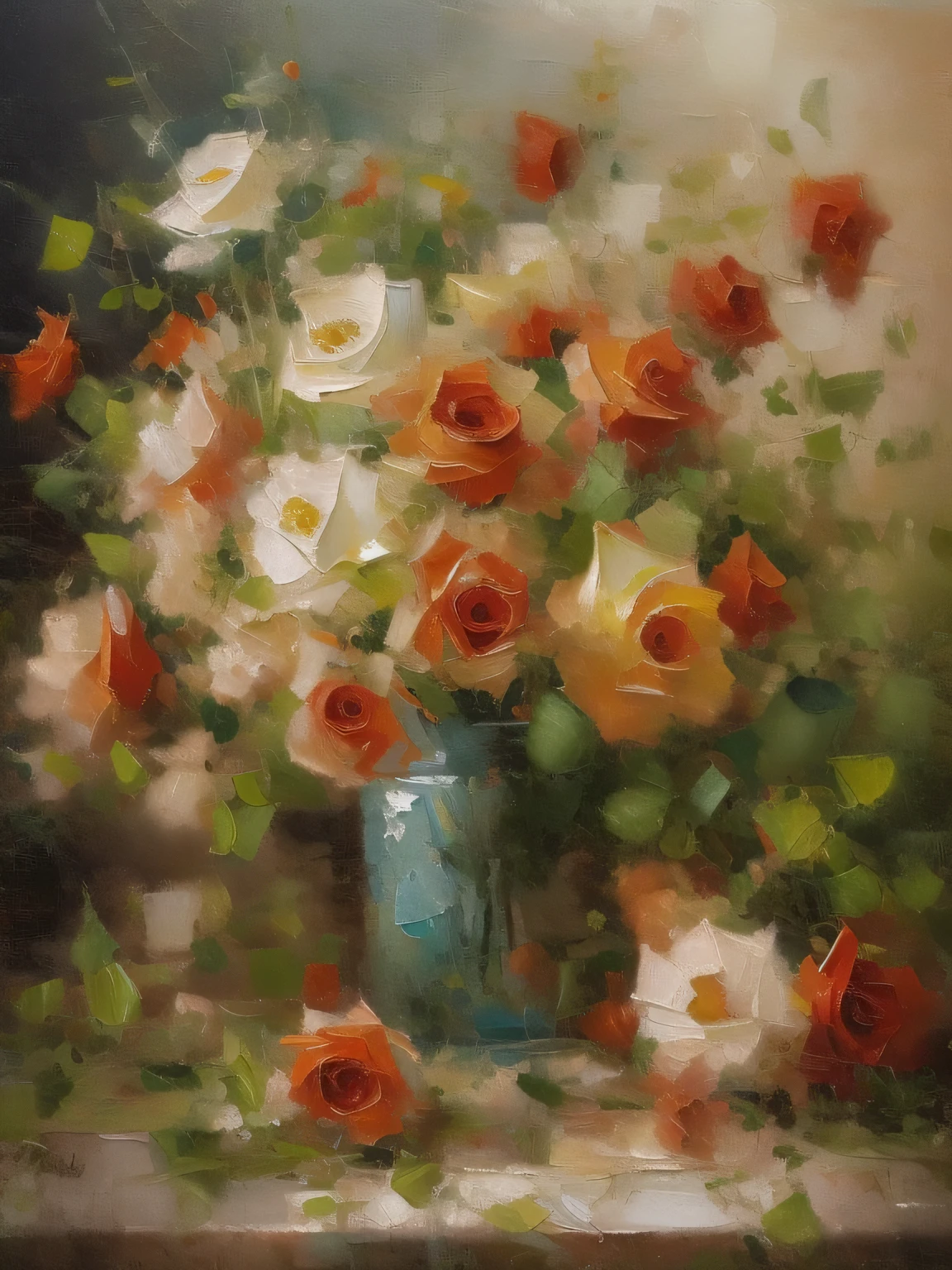 Create an oil painting in a realistic style, with a 3:4 aspect ratio. The painting should feature a profusion of flowers covering the entire canvas. The flowers should have red roses and various other types, with subtle glimpses of foliage peeking through between them.