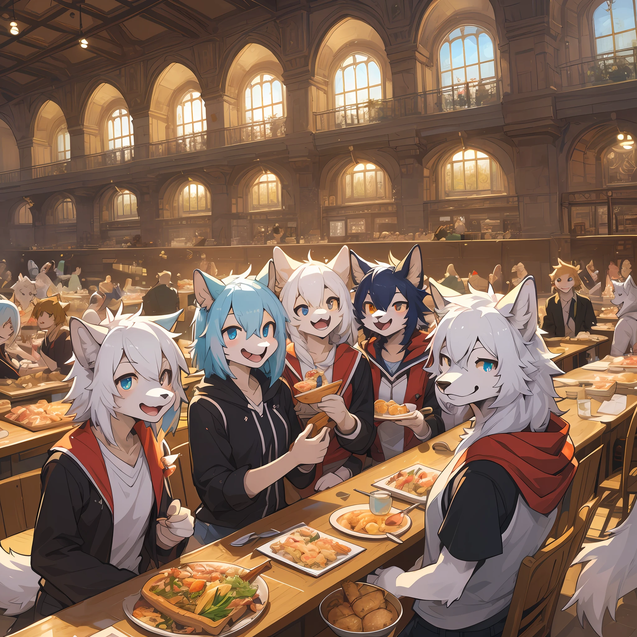 top quality, best quality, High-quality illustrations, masterpiece, super high resolution, detailed background, detailed background, university cafeteria, group shot, 6+boys, 6+girls, Happy, joyful, absurdres(highly detailed beautiful face and eyes)perfect anatomy(Photos taken with friends)(kemono, furry anthro)selfie,
