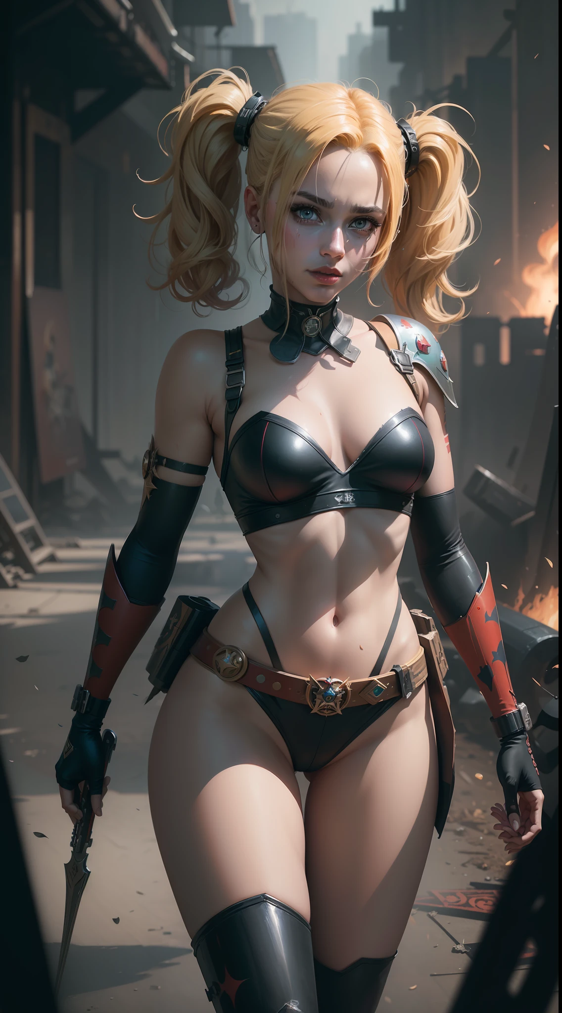 (Best Quality),(Masterpiece),(Ultra Detailed),(4k resolution),(Extremely detailed),Abstract expressionist painting "Hyperion", Harley Quinn, tarot card, Trending on ArtStation, Digital Painting, character concept art portrait, Scary