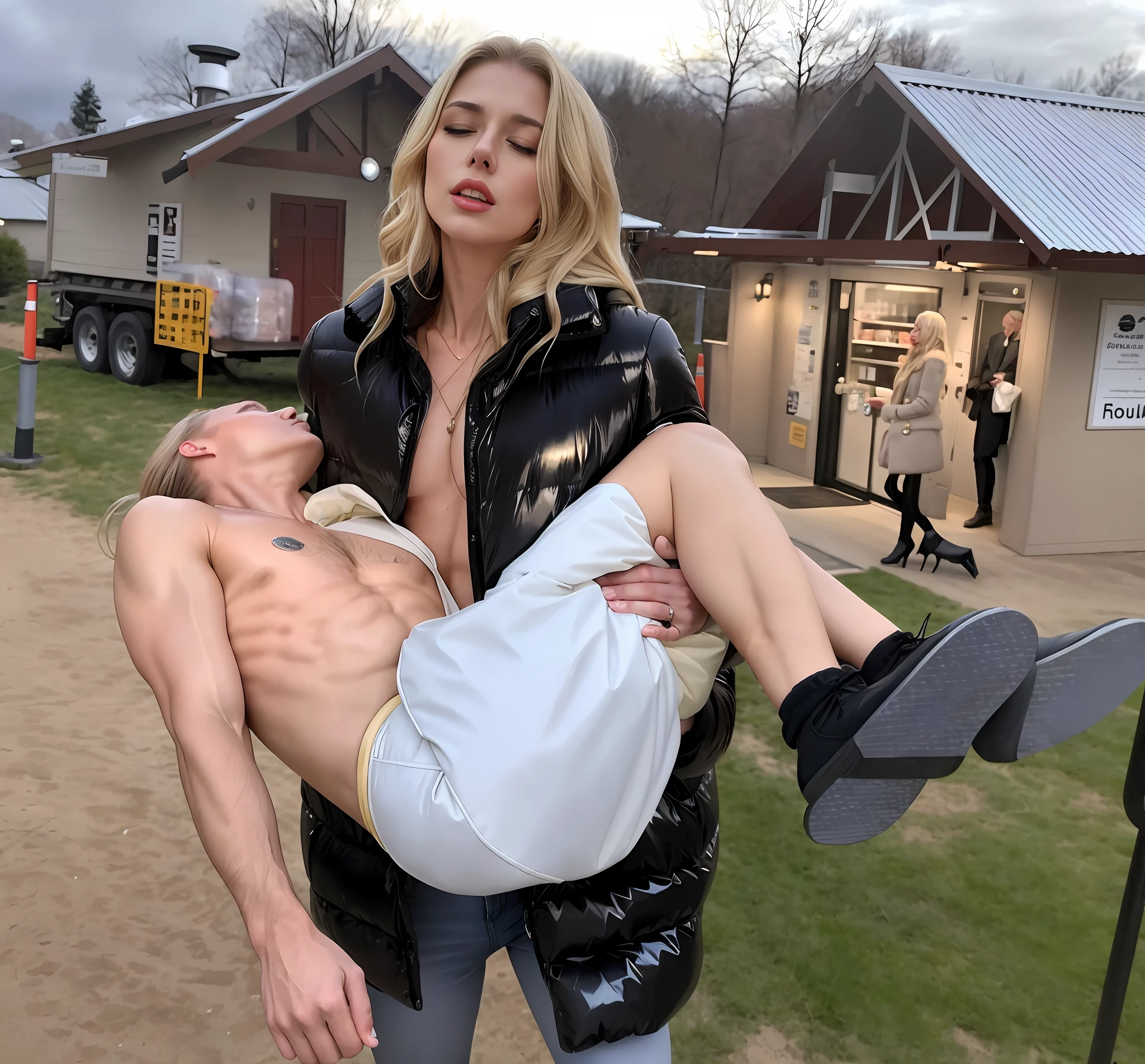 a beautiful blond woman, a young blond woman, a blond woman in a shiny coat, a sad blond woman, a madeup blonde woman, blond woman with lipstick, blond woman with smoky eyes, dramatic action pose, woman that is carrying a skinny man, there is a beautiful woman in a shiny coat who is carrying a blond man in her arms, a longhaired beautiful woman in a high-shine black puffy coat, a longhaired woman in a shiny downcoat, a woman is carrying a shorthaired man who is wearing black shorts, a weak man in black shorts is consciousless and needs to be carried, a shorthaired man with closed eyes is carried in the arms of a longhaired woman, a woman looks very scared and terrified, a consciousless man with closed eyes is suffering very much and has a very painful face, photo, photo shoot, photographed, arafed man being carried by a woman on a plane, very realistic, very very realistic, hyper-realistic, hyper - realistic, hyper realistic, jacket over bare torso, very disturbing, very hyperrealistic, tom cruise torso, super realistic, by Anna Füssli, hyperrealistic!, extremely realistic, very very very realistic, super-realistic