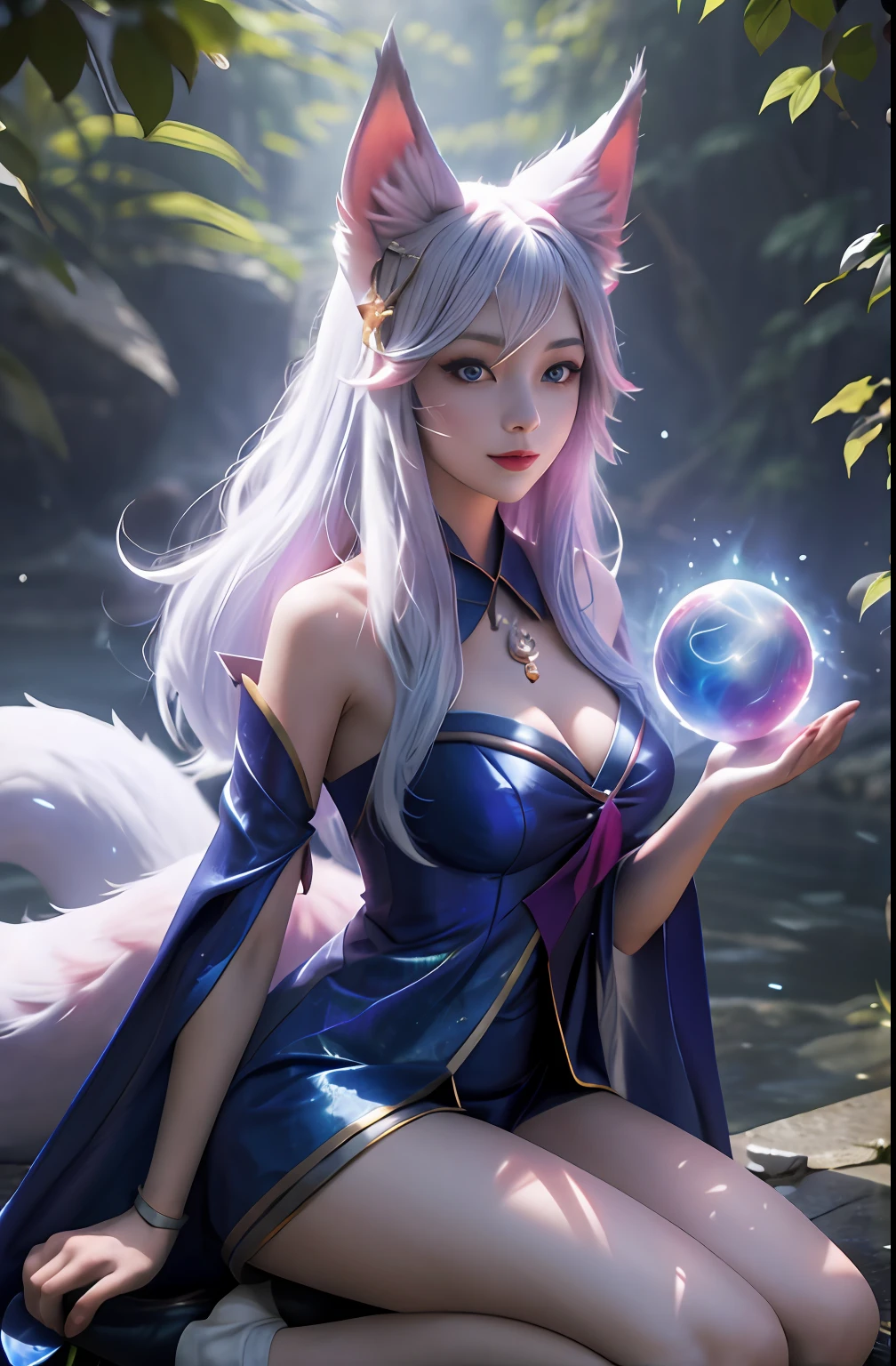 ahri，league of legend，Vastaya，kyuubi，Fox ears white hair girl，Raised sexy，Charming，Enchanted，Gentle eyes，The Nine Tails are exposed，Energy balls in your hands，Exude power，Flowing and fluffy hair，aura of power，eBlue eyes，(floating in air，Kneel on one leg，Ready to get started，Combat posture，Battle background)，8K，Complicated details