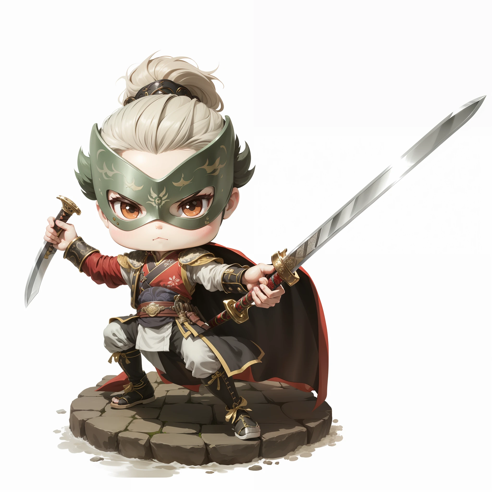 male people,Male characters,Chibi anime characters,Bad,The sword,sword sheath,China-style,Chinese-style clothing,Chinese shoes,There is a beautiful pattern on the scabbard,Refinement,Fine painting,Refinement,infinite details,high definition detail,Delicate belt,Belt accessories,Male characters,Blindfolds,sideface,swordsman,dark colored hair,Patterned,Pattern,Blank background,Bright colors,Metal edging