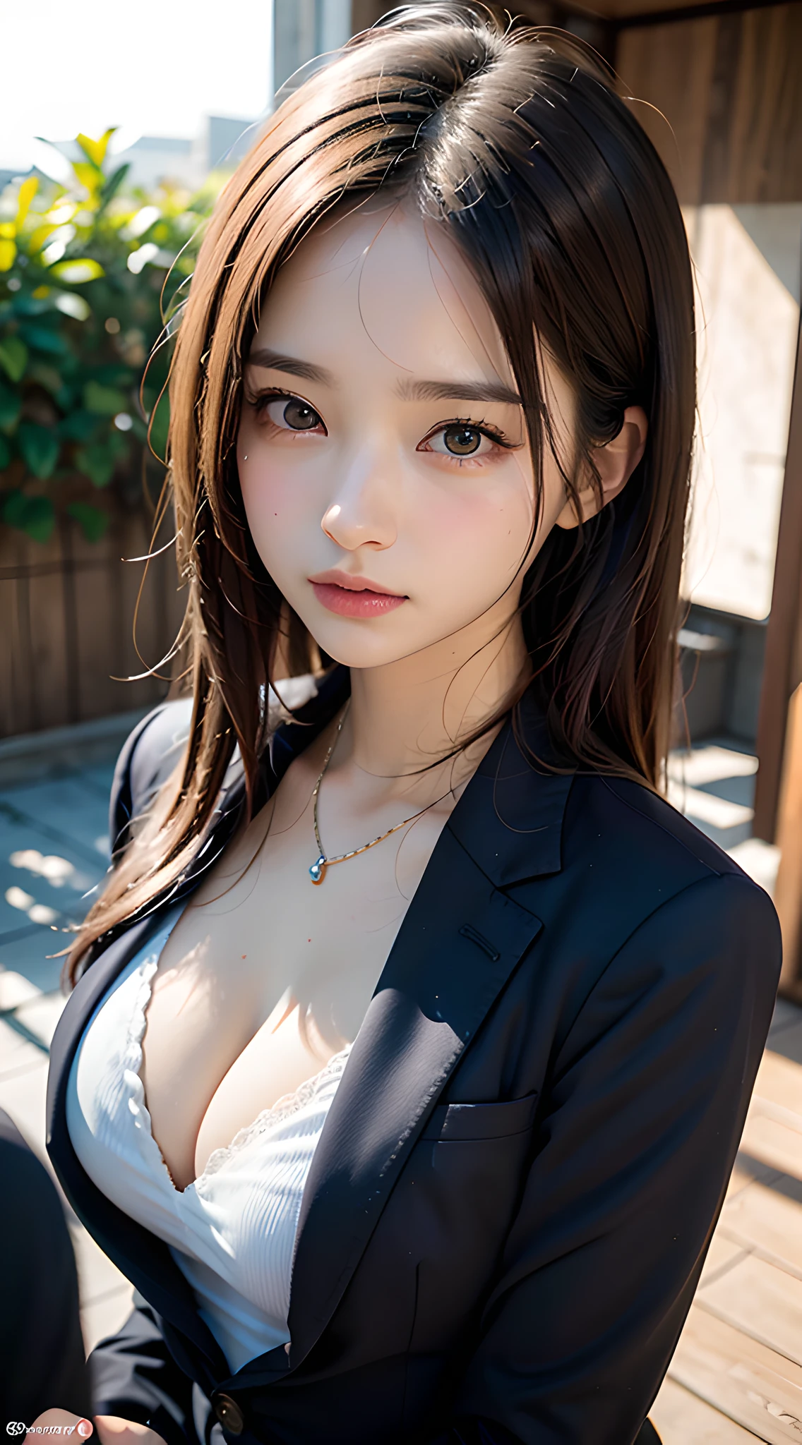 (masterpiece, best quality:1.2), 8k, 85mm, official art, raw photo, absurdres, violaceaess, rosaceaess, gardeniass, beautiful girl, pretty face, close up, upper body, cinch waist, black tailored suit, suit jaket, V-neck shirt, looking at viewer, (cleavage:0.8), large breasts, film grain, chromatic aberration, sharp focus, facelight, clear lighting, detailed face, (bokeh background:1.2)