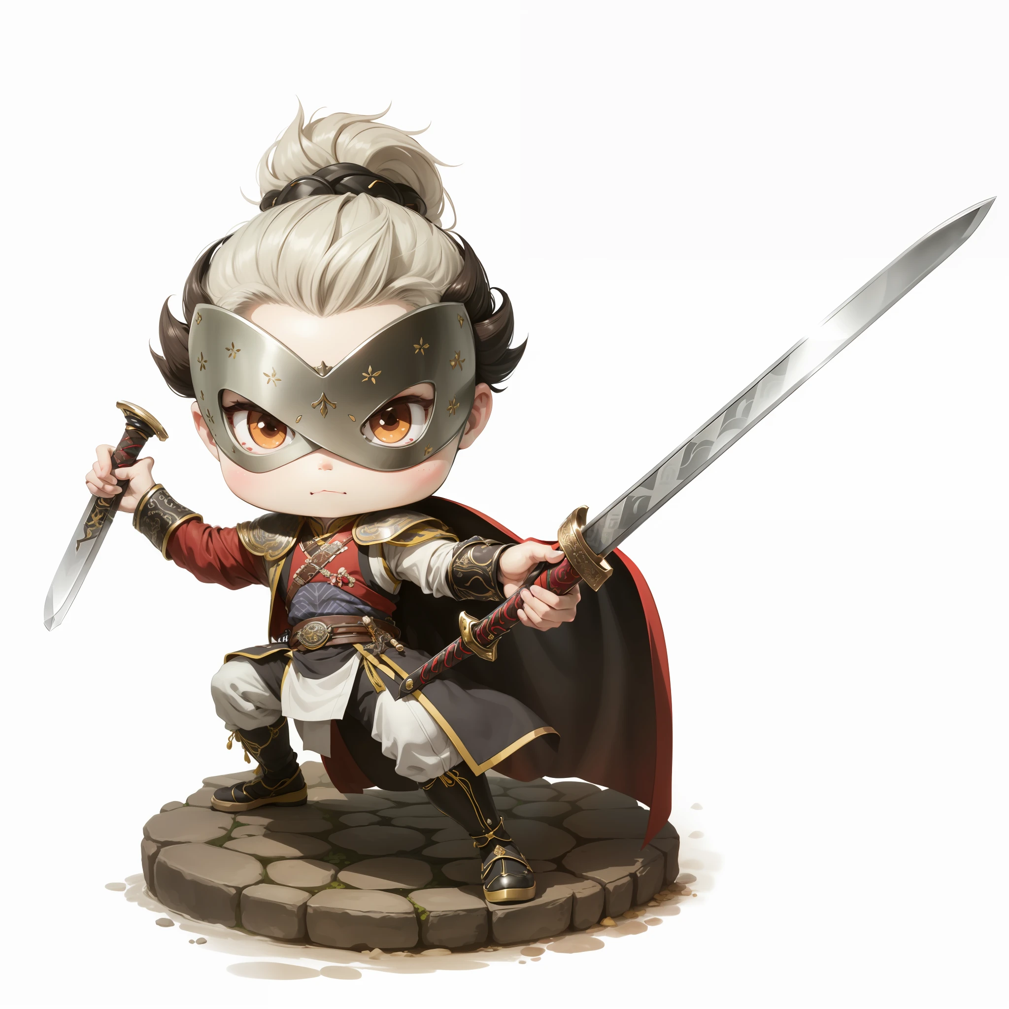 male people,Male characters,Chibi anime characters,Bad,The sword,sword sheath,China-style,Chinese-style clothing,Chinese shoes,There is a beautiful pattern on the scabbard,Refinement,Fine painting,Refinement,infinite details,high definition detail,Delicate belt,Belt accessories,Male characters,Blindfolds,sideface,swordsman,dark colored hair,Patterned,Pattern,Blank background,Bright colors,Metal edging