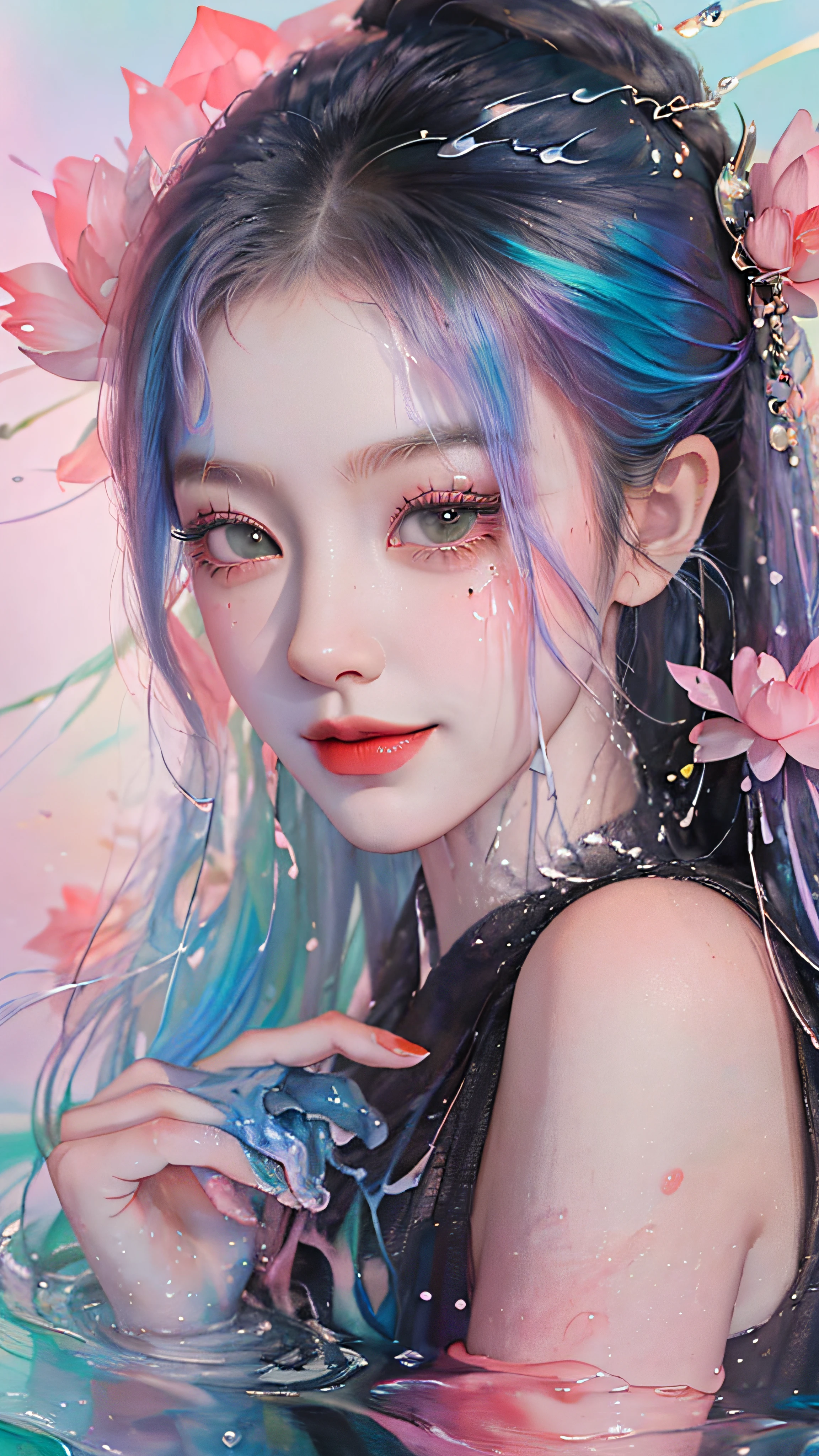 (Masterpiece, Best Quality, High Resolution), lotus Background, ((Paint Splash, Color Splash, Splash of Ink, Color Splash)), ((Sweet Chinese Girl, Rainbow Hair)), Pink Lips, Front, Upper Body,lotus in the background, lotus in the water,smiles