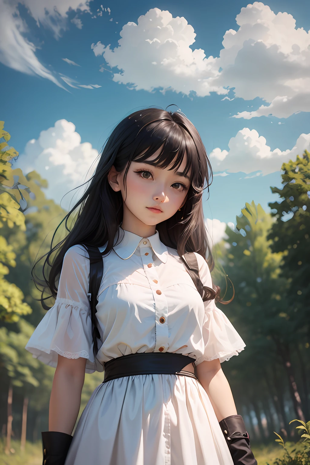 Under the blue sky and white clouds,at a forest,There is a girl with black hair
