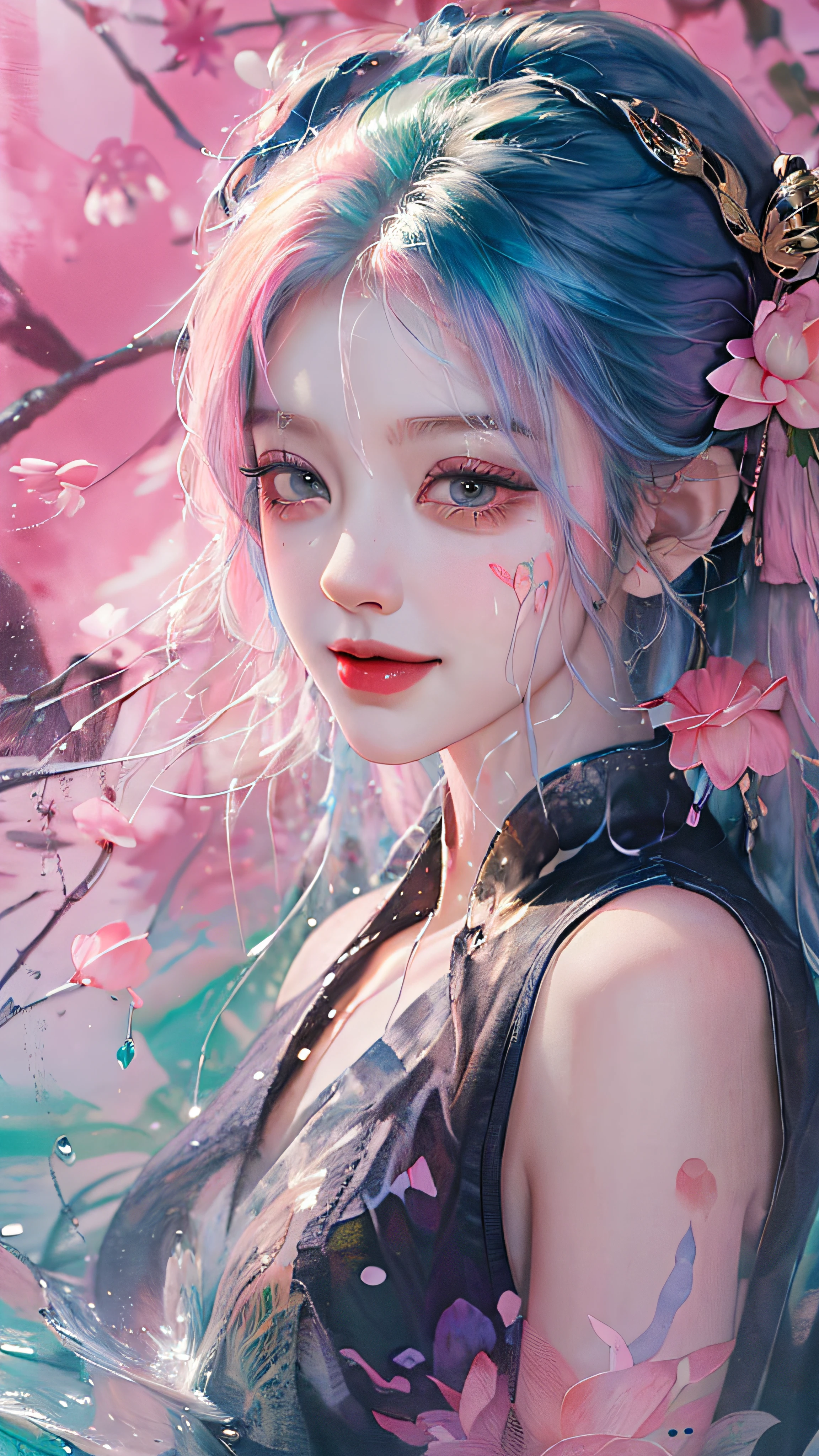 (Masterpiece, Best Quality, High Resolution), lotus Background, ((Paint Splash, Color Splash, Splash of Ink, Color Splash)), ((Sweet Chinese Girl, Rainbow Hair)), Pink Lips, Front, Upper Body,lotus in the background, lotus in the water,smiles