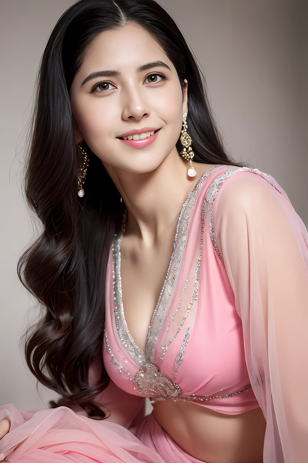 Wear pink elegant transparent saree sitting, gorgeous royal, (((Katrina kaif:1.2))), alluring, ((luxury dress, breasts slit)), long hair, ((perfect female figure)), mature female, milf, narrow waist, Indian deity,
portrait of a beautiful Indian woman, From Golden Skin, 27 years old, Pretty woman, Indian model, ((sitting on a bed)), (in pink elegant transparent saree:1.5),((wearing see through saree:1.3)), (elegant saree:1.3),(((transparent micro saree))), high heels,((long hair)) (Slim abdomen), (Perfect slim figure), (Dynamic pose), Solo, ((open crotch)), (((bare ass))), (Slim:1.1), 1 woman, (Full figure:0.9), Indian clothes,(( long sleeve dress)),((chiffon saree with open pallu)), thick lips, skindentation, parted lips, ulzzang-6500-v1.1, medium hair, smile, closed mouth, lips, saree covered with full body, detailed beautiful round eyes, Indian women, Asian women, Beautiful face, photorealistic, rim lighting, two-tone lighting, gold bracelet, thick lips, indentation, parted lips, (detailed eyes), light blonde hair, blue eye, details still clear, honey-coloured, fluffy turned, HDR, shallow depth of field, broad light, backlighting, bloom, light sparkles, chromatic aberration, sharp focus, (photorealistic:1.2), (realistic:1.5), (hyperrealistic:1.2),(photorealistic face:1.2), (close up:1.6), (light blonde hair), (blue eyes), ((big cheeks)),(beautiful face:1.8), (detailed face:1.6), (medium breast:1.2), (detailed bright eyes:1.5), (eyelashes:1.4), (smiling:1.3), (detailed long black hair), , (narrow waist:1.5), (thigh: 1.5), (realistic human skin:1.6), (full curvy body) (detailed eyes), (seductive pose), (detailed facial features), (detailed clothes features), (necklace), (earrings), (bracelet), jewellery, gem, necklace, gold bracelet, anklets,(Photorealistic:1.4), (High Quality: 1.2), Raw photo, (Perfect body shape), Deep shadows, Unobtrusive, Cold light 12000K, Nikon Z 85mm, unparalleled masterpiece, ultra-realistic 8k photos, best quality masterpiece, best quality,