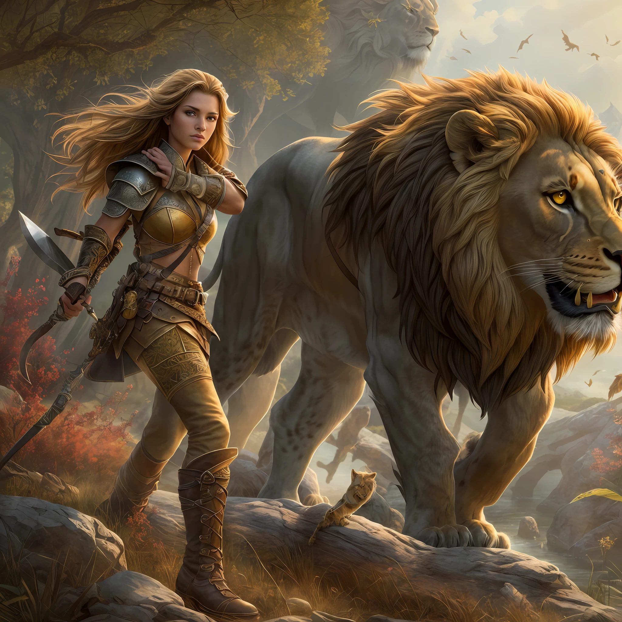 high details, best quality, 8k, [ultra detailed], masterpiece, best quality, (extremely detailed), dynamic angle, ultra wide shot, RAW, photorealistic, fantasy art, dnd art, rpg art, realistic art, a wide angle picture of a female human ranger and her pet lion, warrior of nature, fighter of nature, full body, [[anatomically correct]]. dynamic position (1.5 intricate details, Masterpiece, best quality) talking to a lion (1.6 intricate details, Masterpiece, best quality) in graaslands (1.5 intricate details, Masterpiece, best quality), a female  wearing leather clothes (1.4 intricate details, Masterpiece, best quality), leather boots, thick hair, long hair, dynamic hair, tan skin intense eyes, grasslands background (intense details), a stream flowing in the backgraound (1.4 intricate details, Masterpiece, best quality), dawn light, clouds (1.4 intricate details, Masterpiece, best quality), dynamic angle, (1.4 intricate details, Masterpiece, best quality) 3D rendering, high details, best quality, highres, ultra wide angle