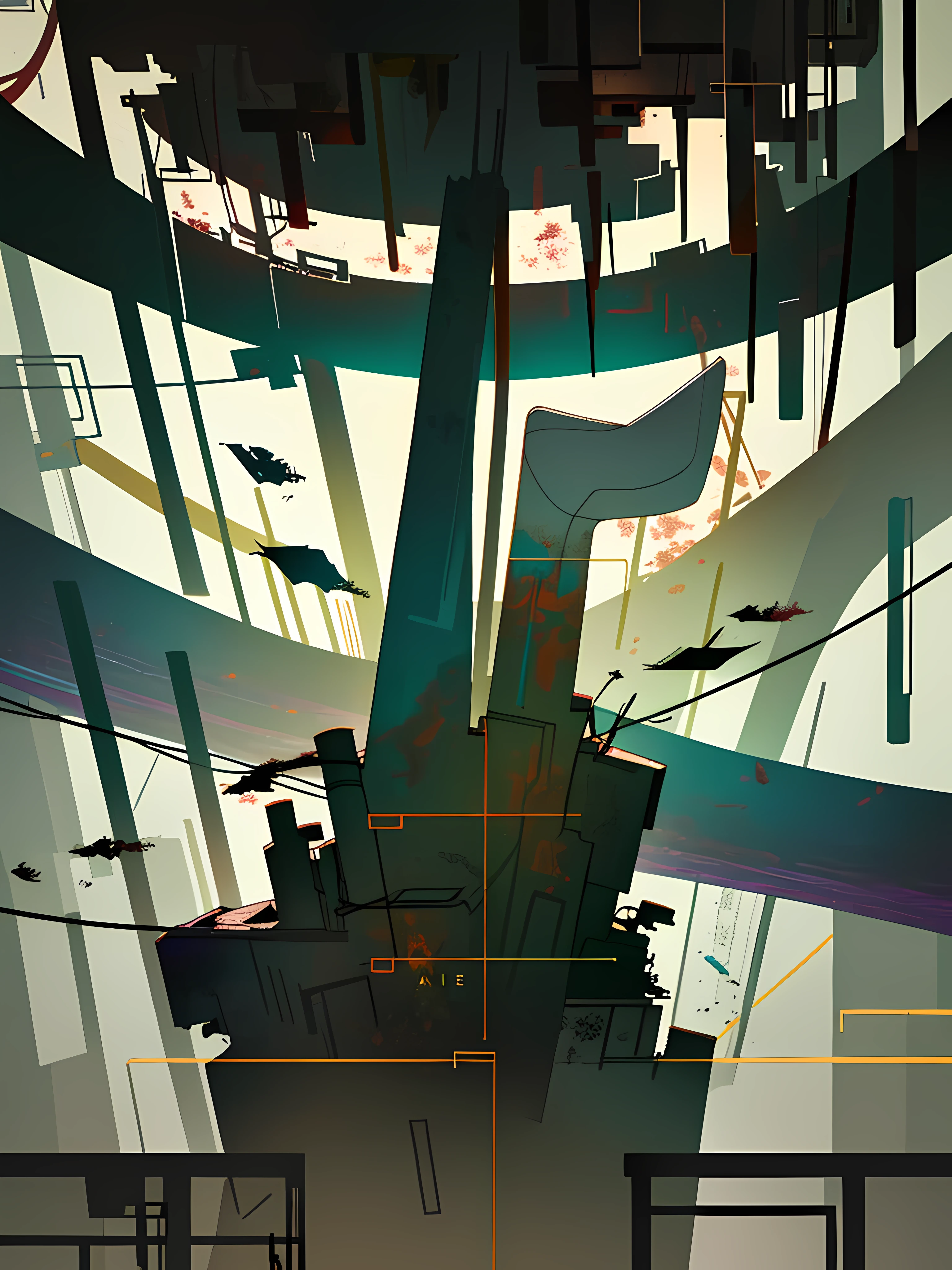 (blame! style abandoned tech landscape), (Zen, Amy Sol style), (underground, dark, foggy, perilous, abandoned dystopian apartment bedroom, deep windows), (abstract anthro rabbit figure wearing bunny ears), cover art with light abstraction, abstract, simple vector art, contemporary Cybernetic art, color gradients, soft color palettes, layered forms, whimsical animation, style Ethereal abstract, 4K, --v6