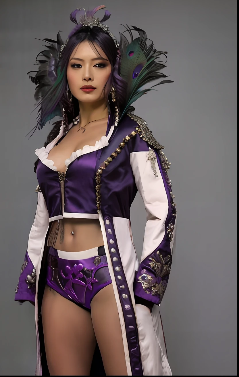 (chef d'oeuvre)Une femme en tenue violette et plumes pose, Kelly Hu ,Poser pour un combat complexe, diesel punk female, wearing a purple detailed coat, Peacock-themed clothing, alluring mesmer woman, Ornate cyberpunk dresses, in clothes! highly detailed, Dark purple and cybernetic hair, Saints Row Fursuit Tails Mod, robe. extremely high detail