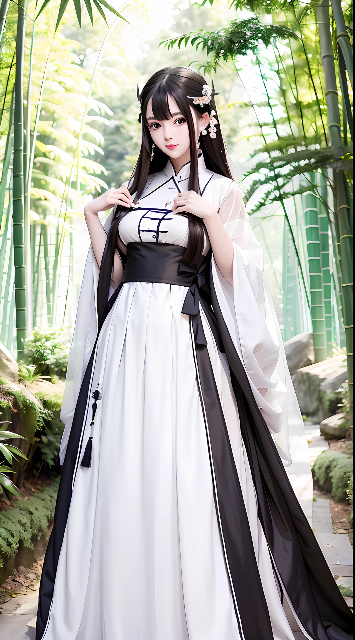 tmasterpiece，best qualtiy，offcial art，8k wallpaper，hyper realisitc，The is very detailed，illustratio，Plain white long dress，1个Giant Breast Girl，Black hair，long whitr hair，Detailed eyes，A piece of tulle covers the chest，long  skirt，Hanfu，Pure，softl smile，A dense bamboo forest