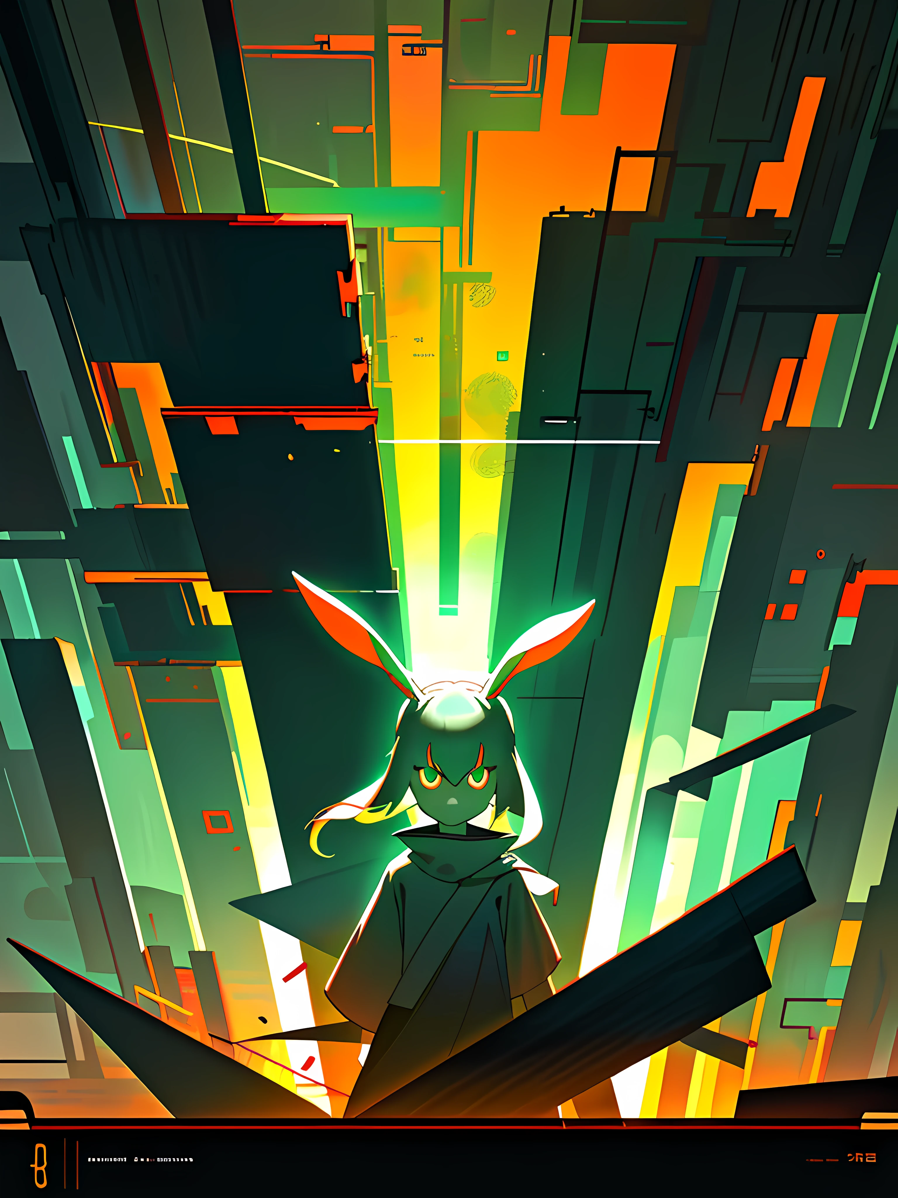 (blame! style abandoned tech landscape), (Zen, Amy Sol style), (underground, dark, foggy, perilous, abandoned dystopian apartment bedroom, deep windows), (abstract anthro rabbit figure wearing bunny ears), cover art with light abstraction, abstract, simple vector art, contemporary Cybernetic art, color gradients, soft color palettes, layered forms, whimsical animation, style Ethereal abstract, 4K, --v6