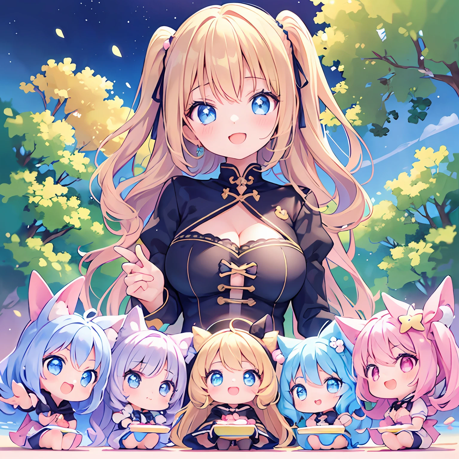 masterpiece, (2girls and 2girls and 2girls and 2girls), idol, closeup, big eyes, kawaiitech, kawaii, cute, pastel colors, best quality, happy, deep background, symmetrical, tilted head, summer, cover, title