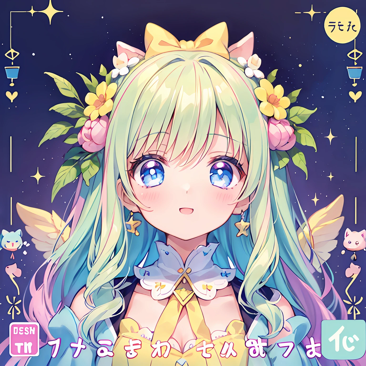 masterpiece, (2girls and 2girls and 2girls and 2girls), idol, closeup, big eyes, kawaiitech, kawaii, cute, pastel colors, best quality, happy, deep background, symmetrical, tilted head, summer, cover, title