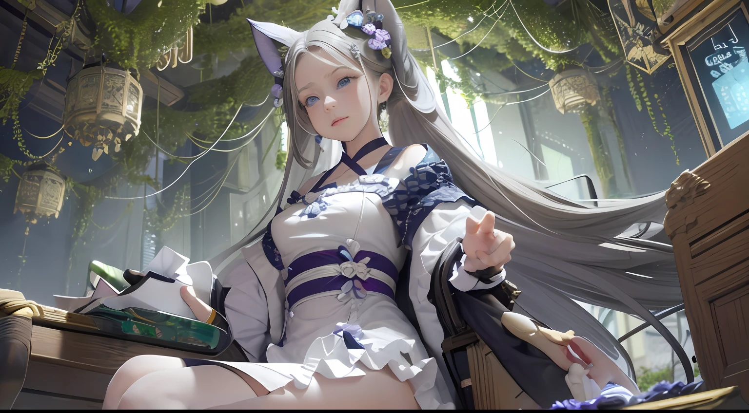 (Overlooking the perspective),dynamic angle,magicle world，Super meticulous,illustratio,closeup cleavage,Looking directly at,Kizi,(fanciful:1.4),(Blue eyes:1.233),Her eyes shone like dreamy stars,(glowing light eyes:1.233) ,(美丽细致的眼睛:1.1),(silber hair:1.14),(messy  hair,Very long hair,french braid,Hair between both eyes,Lateral hair),(+(Gray hair flower:1.14)),(Chiffon dress,Off-the-shoulder attire，Expose the collarbone，Uniform white flower pattern)/=(army suit:1.24),(Wide sleeves),(Fingerless gloves),choker necklace,(miko thighhighs),high heels boots,(Frightened expressions),(standing on your feet), (big trees，In the forest，Shadows interlace, All kinds of beasts, ),(flor branca,full bloom),(flowingwater),(Dark Blue World Tree:1.14),(废墟),(natta:1.2 ),Dreamy,soul,(Fluorescence),(Flying translucent blue butterfly:1.15),[[Delicate fingers and hands:0.55]::0.85],(Finger details),(yubao:0.5),3D，full bodyesbian，the detail，Background bokeh，high qulity，high detal，deep v big breasts，huge tit，flat lay，Expose cleavage，Large trees interlace，full bodyesbian，Hanfu，solo person