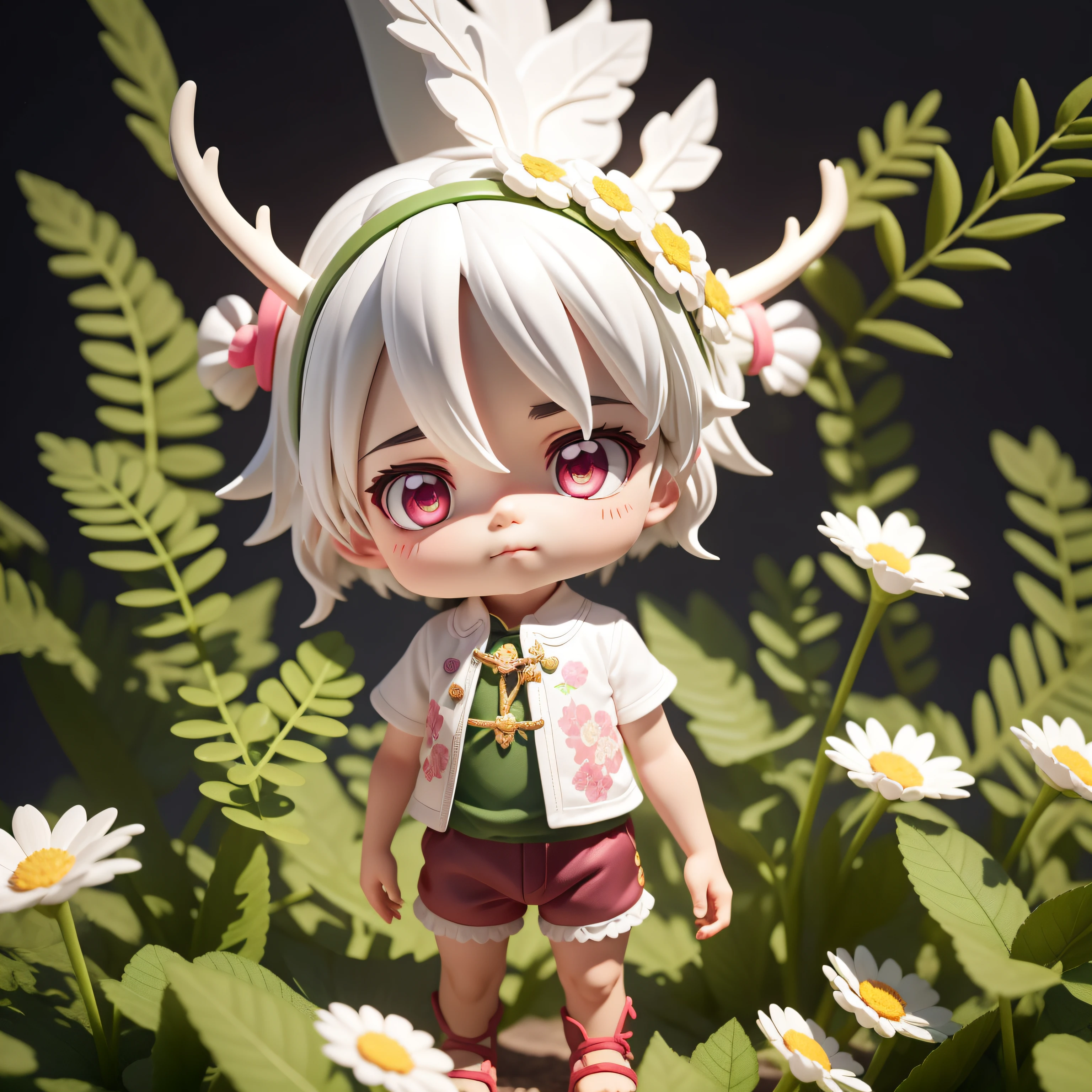 with black background,Little boy with white hair,Pink eyes,It has antlers on its head,There are green flowers on the antlers,Wear floral shorts,3D style,IP image,blindbox