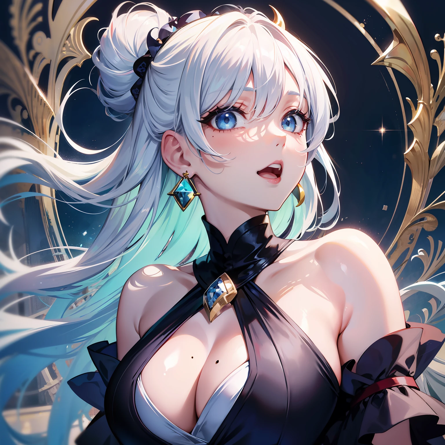 lightsmile, White hair, Blue hair, Light blue hair, Silver hair, Floating hair, Large breasts,expressive hair, hair over shoulder, topknot, crescent-shaped hair ornament, Mole under the eyes, Tsurime, wince, Crescent Earrings, Open mouth, Tachi-e, Anime style, Hyper-Realism, Carl Larsson, Anime, Gothic art, romanticism, 8K, Super Detail, ccurate, Best Quality, Super Detail, masutepiece