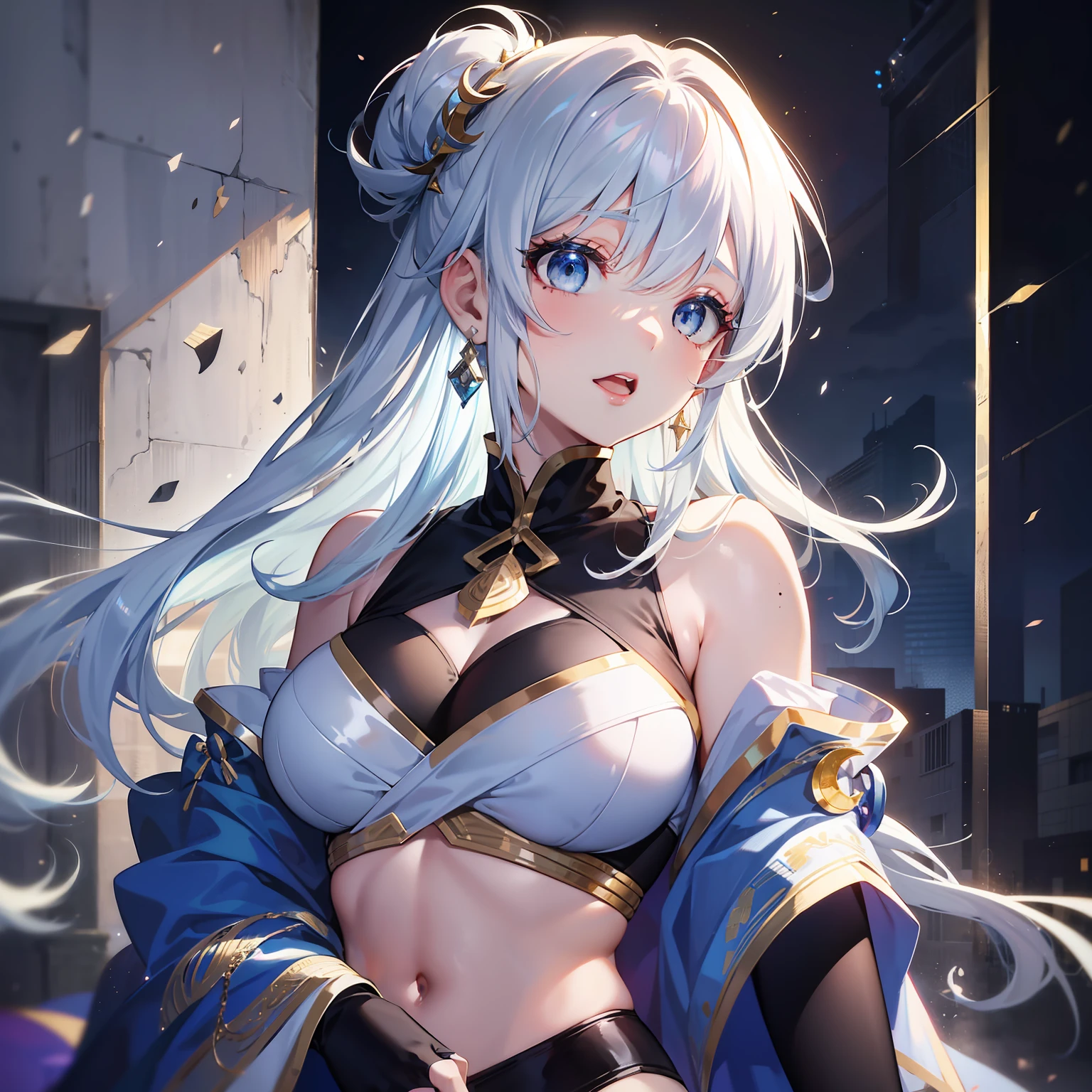 lightsmile, White hair, Blue hair, Light blue hair, Silver hair, Floating hair, Large breasts,expressive hair, hair over shoulder, topknot, crescent-shaped hair ornament, Mole under the eyes, Tsurime, wince, Crescent Earrings, Open mouth, Tachi-e, Anime style, Hyper-Realism, Carl Larsson, Anime, Gothic art, romanticism, 8K, Super Detail, ccurate, Best Quality, Super Detail, masutepiece