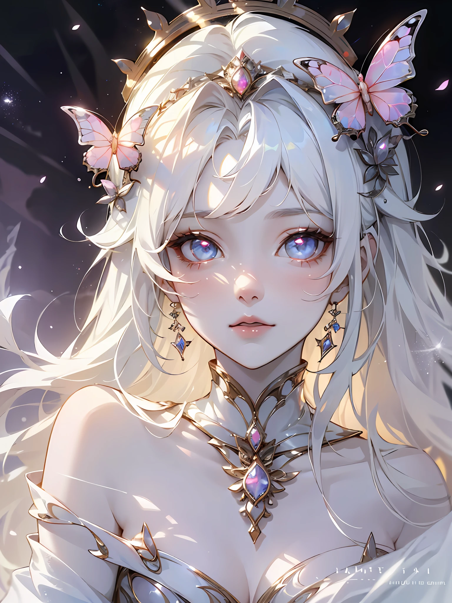 1 woman with a crown，Above the waist，Beautiful and elegant butterfly queen, Guviz, Fantasy art style, 8K high quality detailed art, Butterfly Lord, Beautiful and seductive butterfly princess，digital fantasy art , ellegance, (long  white hair，White-colored skin，The skin is translucent white，sparkle in eyes，Wearing plain white clothes，beautiful  face，Lonely pale face，Particle，Glow，Guviz-style artwork, WLOP Art,