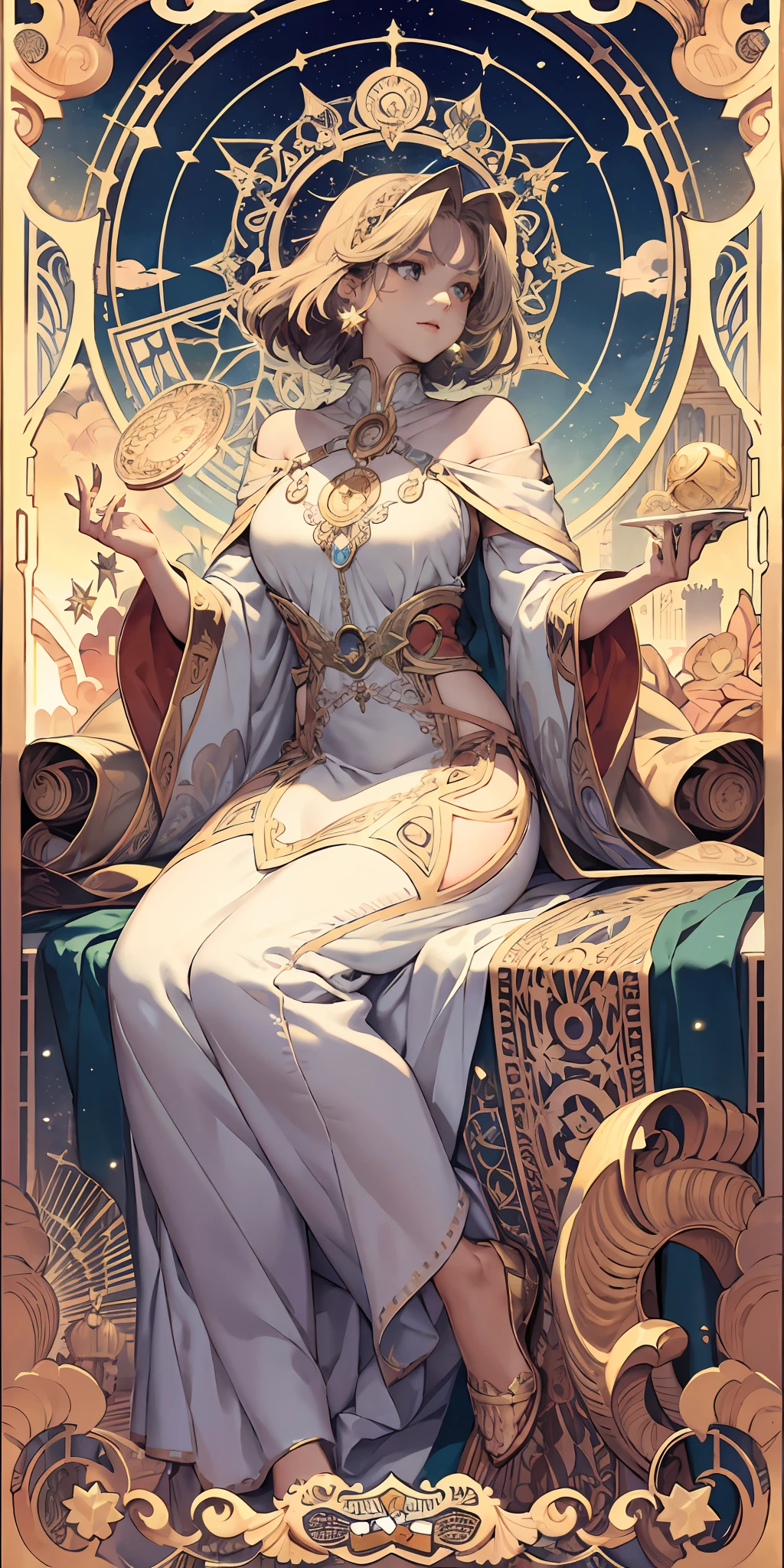 European woman, full bodyesbian, Flower frame, Decorative panels, abstract artistic, Alphonse Mucha (tmasterpiece, best qualtiy, A high resolution: 1.4), A detailed, Complicated details, 4K, Color splattering, Line art, Fibonacci, starrysky, natta, exteriors, Clouds, Reflectors, Eau, magick, (tarot cards),Cards, ((beautiful golden crystal star)) buliding, palaces, Patterned, Sumeru, Clouds, themoon