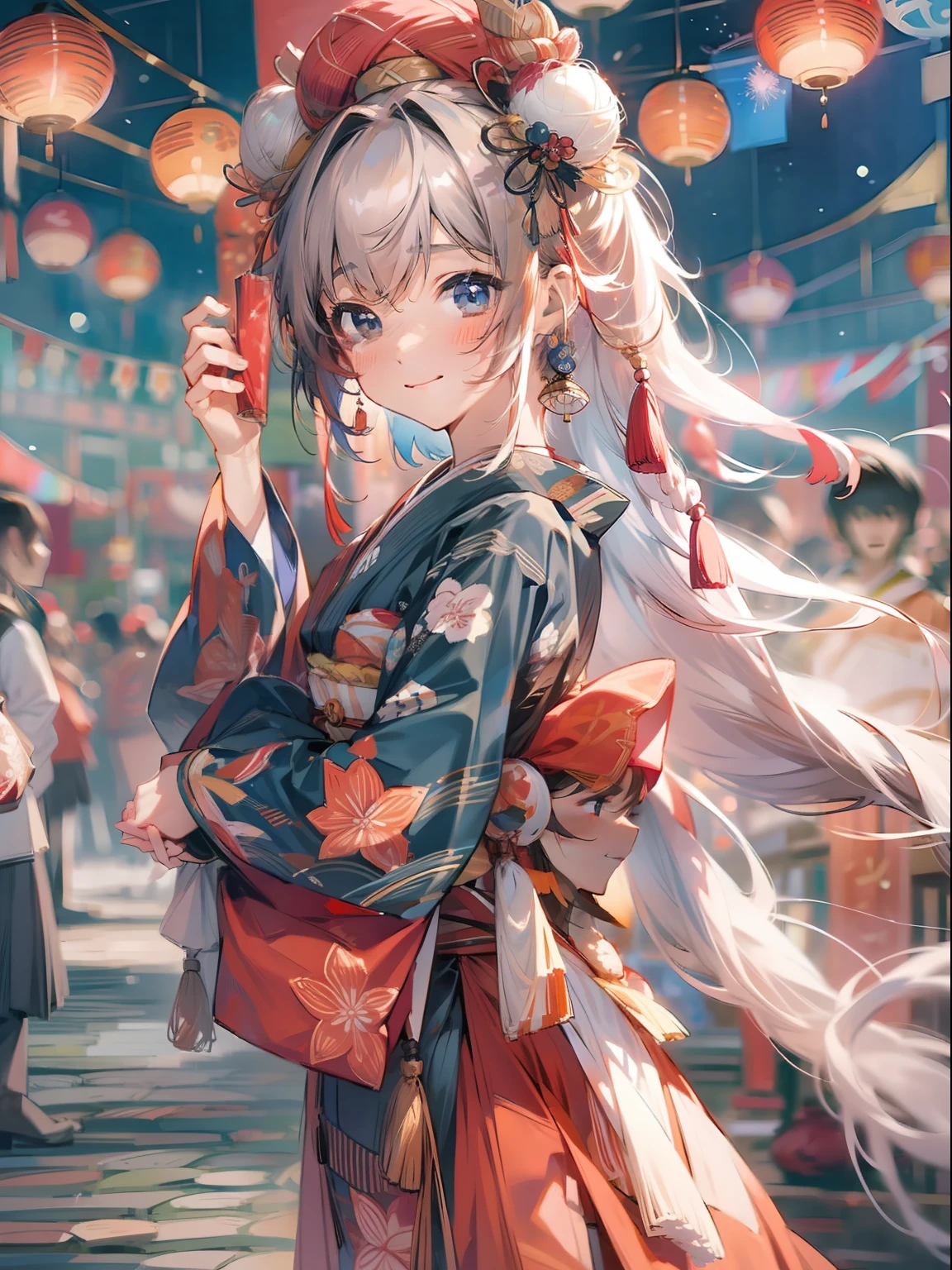 Got it。Last「This illustration is~」Delete the part that says and summarize it again。
theme:Night festival
8K、Illustration of the night festival drawn in ultra-high definition detail。The subject is1Young woman in beautiful kimono of man。Hair should be long and hung on one side、It has a small ornament like bun hair.。She stands in a graceful pose、In the hand hold fireworks。
In the background, a vast festival venue spreads out、Food stalls and illuminations shine brightly、Fireworks light up the night sky。a person々roams around lively、It is filled with a festive atmosphere。
The pose is elegant and、Holding fireworks in both hands。The left arm is pulled back.、The right arm is in a posture that seems to be pulled forward。
The costume is a beautiful kimono、The pattern is gorgeous and symbolizes the festive atmosphere.。Small ornaments and obi knots are also finely designed.。
His expression is calm and elegant.、It expresses a feeling of happiness。
The composition is centered on the subject.、The venue of the spreading festival is depicted in the background。
The lighting is illuminated by the lights of the festival at night.、It creates a fantastic atmosphere。
The colors are vivid、The liveliness and glamour of the festival is expressed。
Effects include fireworks particles and shining stars、It highlights the festive atmosphere of the festival。
The background effect is a festival stall and illuminations.、The liveliness of the festival is emphasized。