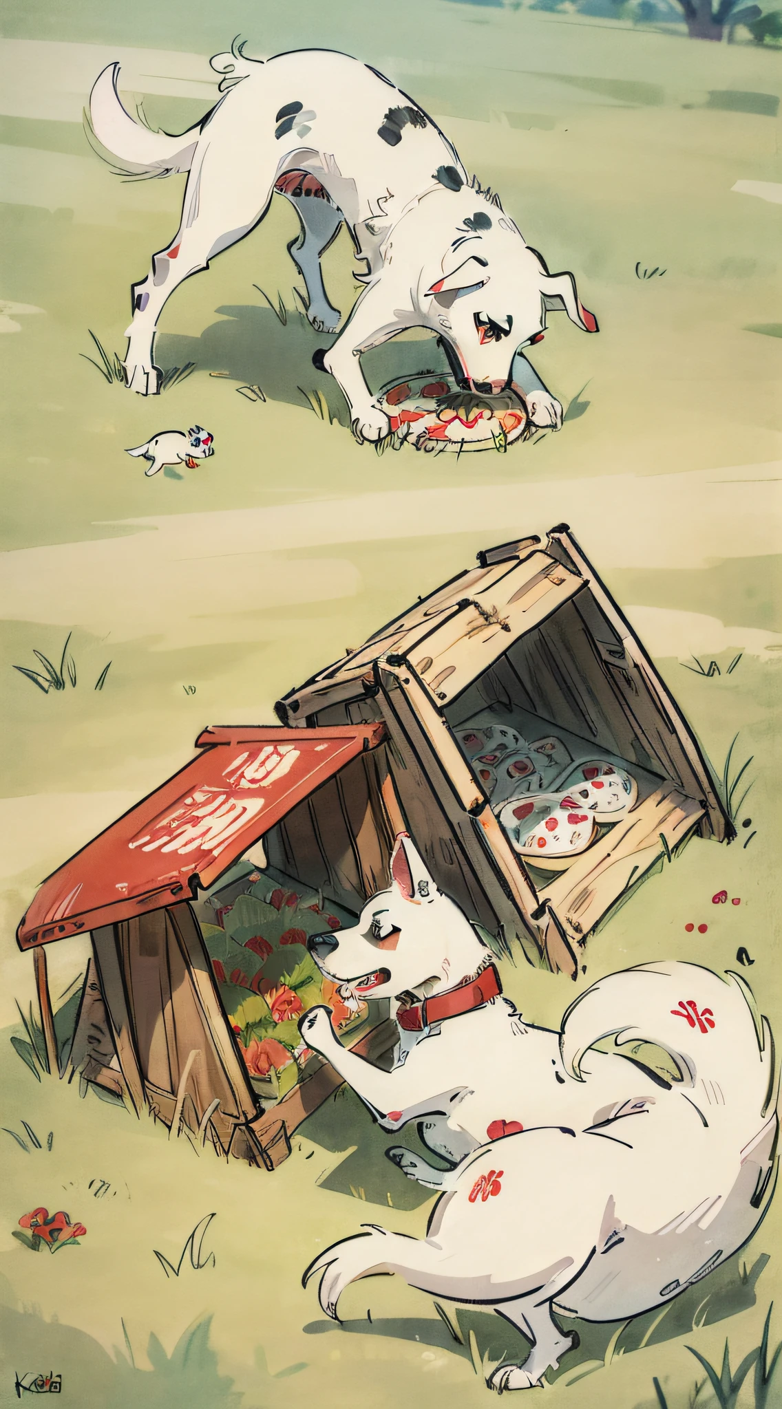 Dog house cartoon White Dalmatian dog playing next to a red kennel Frisbee toys and steaks scattered on the grass Dogs and kennels make up only a small part of the picture, Grass and toys take up more of the picture