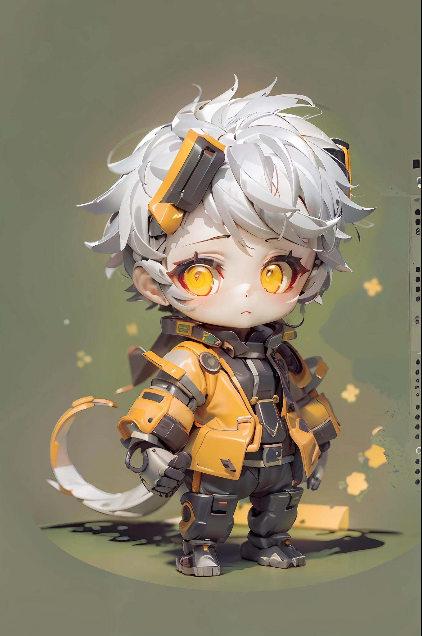 (1 robot boy:1.2),(Machinary:1.3),(mythological creatures:1.2),beast,(White hair:1.2),(yellow clothing:1.2),Fluffy,(beautfully face:1.2),gradient colors((best qualtiy)),((Masterpiece)),(offcial art,Beauty and aesthetics:1.2),depth of fields,composition(full bodyesbian:1.2),(tchibi:1.2),(beautiful and detailed eye:1.3),Long tail,(rainbow-candy:0.8),full bodyesbian，jj,  Black background，yin yang，chibi, full bodyesbian