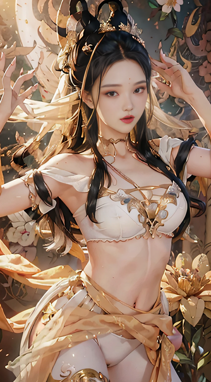 (hyperrealistic), (illustration), (high resolution), (8K), (extremely detailed), (best illustration), (beautiful detailed eyes), (best quality), (super detailed), (masterpiece), (wallpaper), (detailed face), solo, (dynamic pose), 1girl, white off-the-shoulder shirt with sexy super short yoga pants, bare shoulders, blooming flower field, glowing skin, light smile, camel toe, (no panties), (no bra)